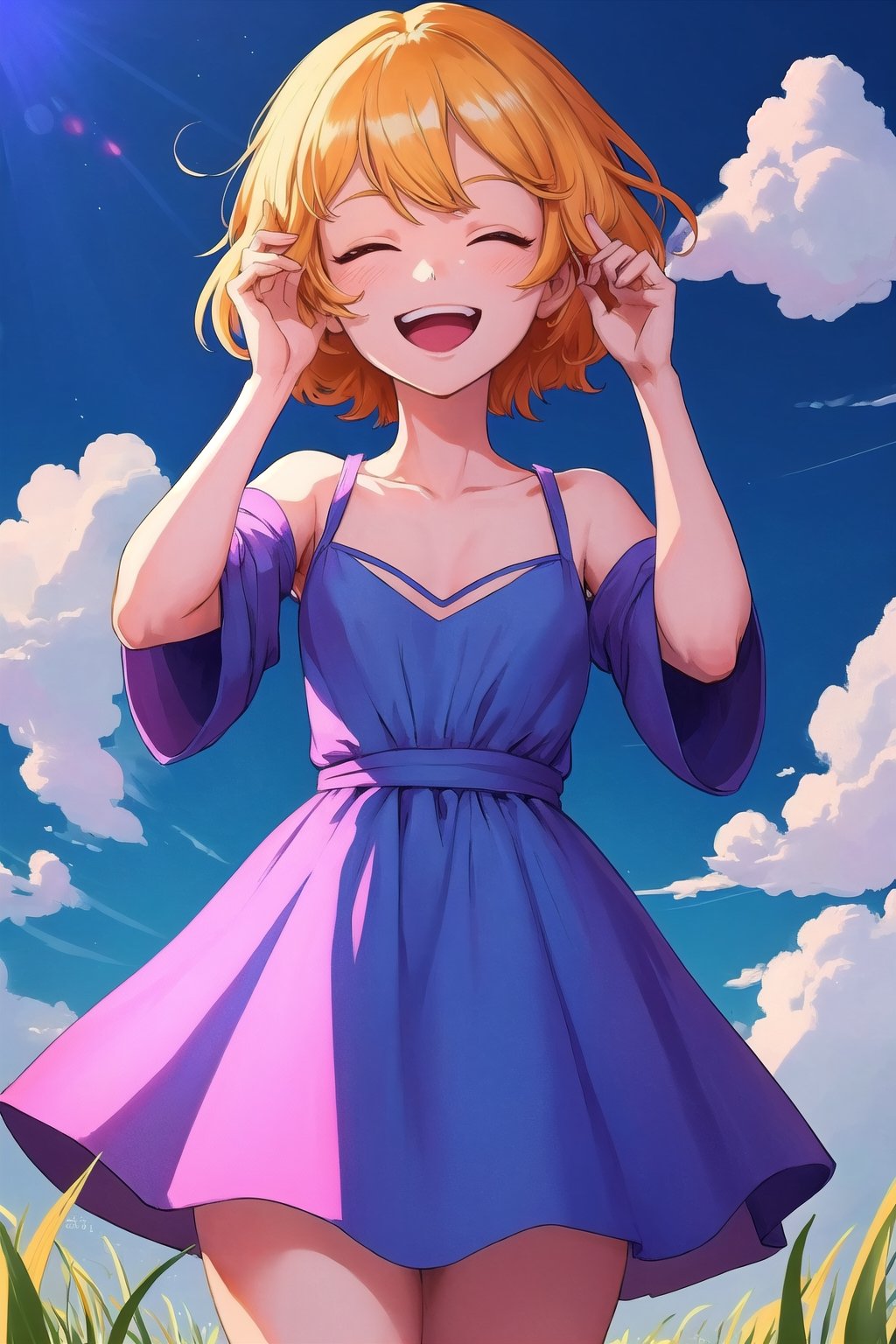 (masterpiece, best quality), digital illustration, volumetric lighting, 2d, anime visual, thick lineart, laughing, 8k,outdoors, sky, day, cloud,  blue sky, 1girl, dress, unique character design, cloud, depth of field, grass, sweetscape,full background, more detail XL,madgod,stop motion, peaceful, serene, shiny, sugar_rune,sugar_rune