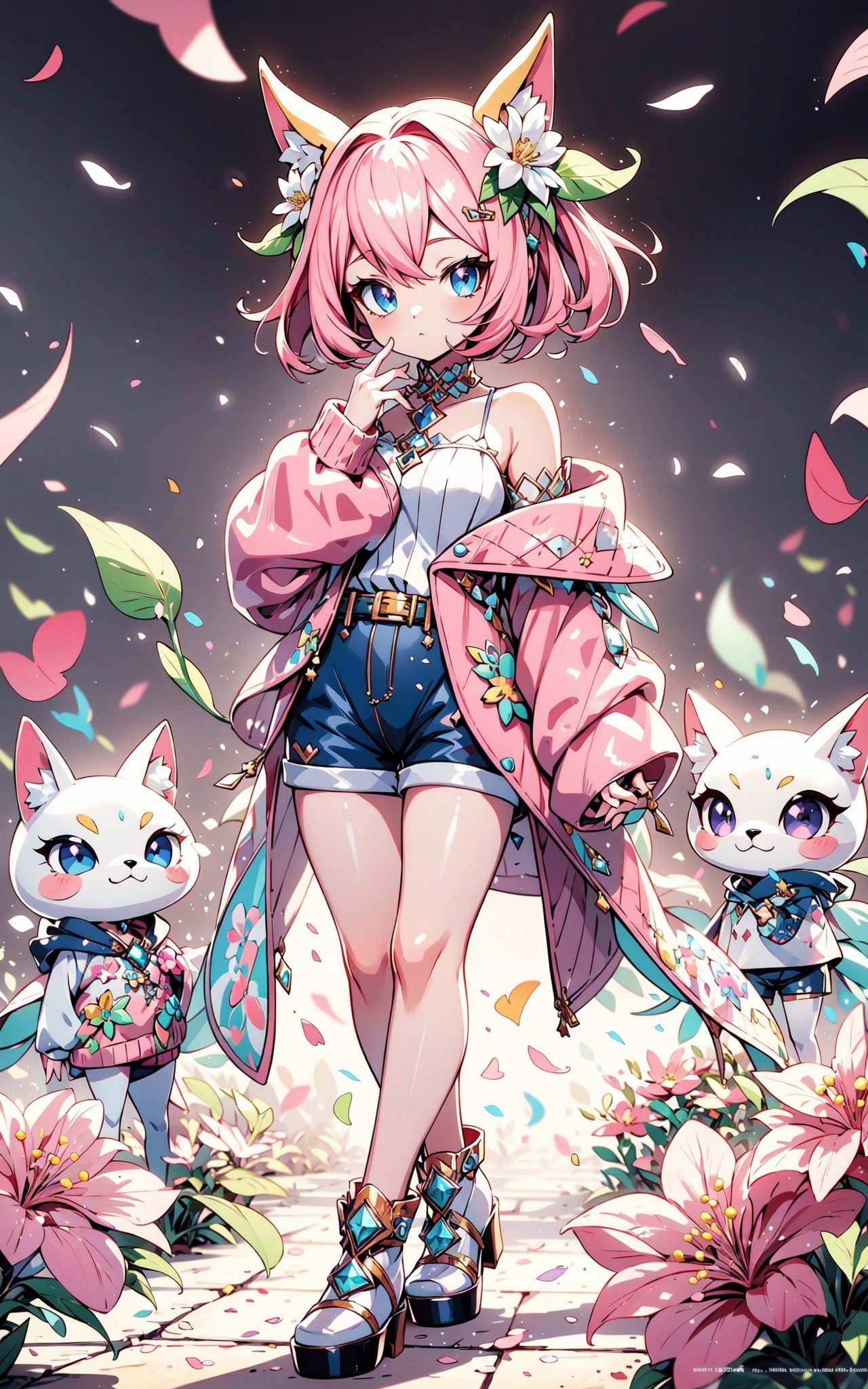 faux traditional media, mature female, beautiful,  anime visual,  (magazine cover:1.2), ultra-detailed shot of a princess, beautiful, pink hair, flower hair ornament, polka dot,1girl, avatar icon, game character concept, jrpg, 800mm lens, off shoulder, hoodie, ribbed sweater, sharp focus, depth of field, volumetric lighting, ((stylish, vintage)), (pinup:0.5), (shorts:1.2), studio lighting, (asymmetrical legwear),1 girl,Kawaii Figurines Style