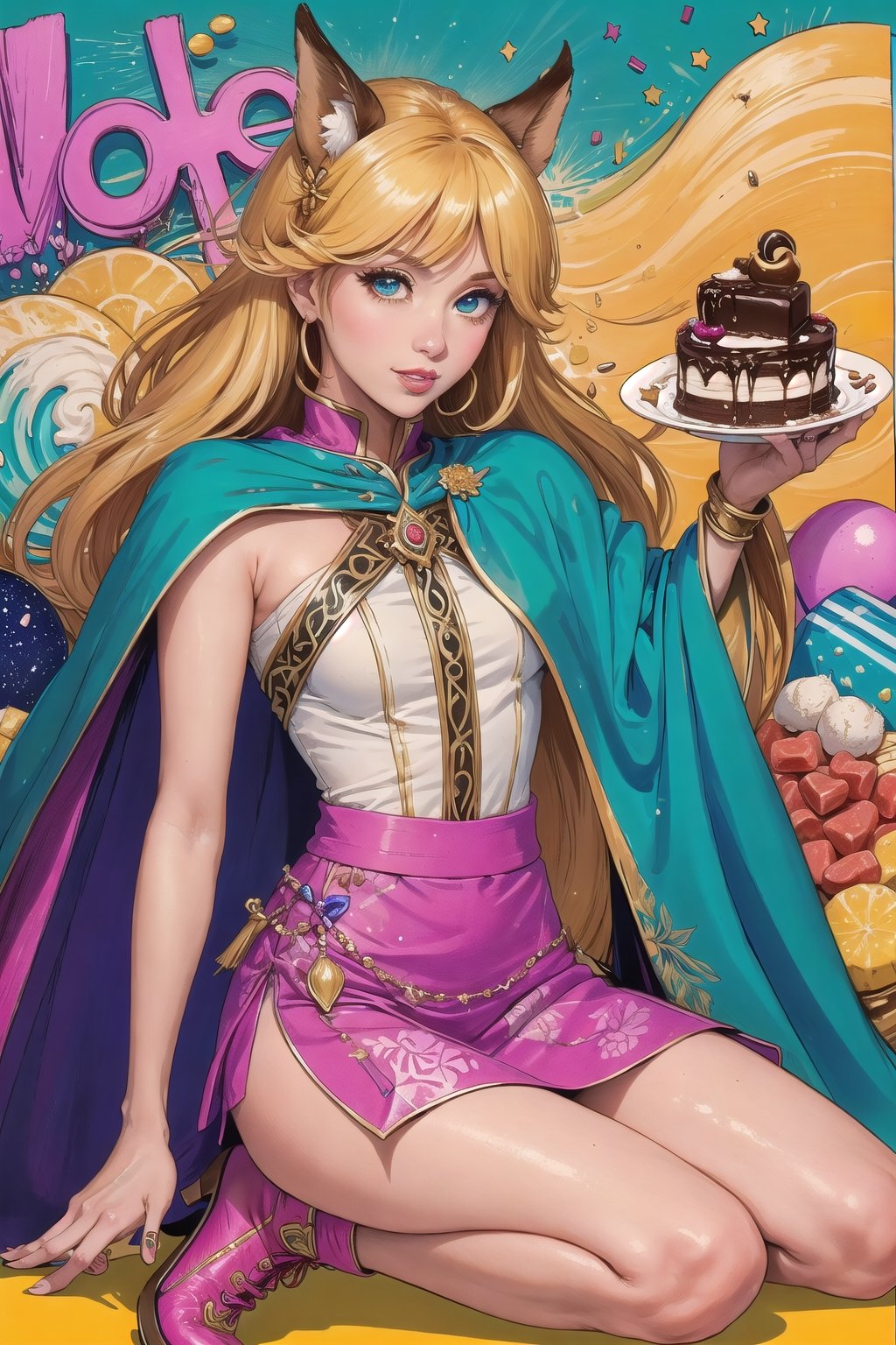 (Masterpiece, Best Quality), highres, Manga, (2d), (Traditional Media:1.2), official art 1woman, (solo), dynamic, portrait, retro artstyle, a cartoon character on a colorful background sitting on a delicious drizzling cake, art by ro_g_(oowack), wide shot, (mature female:1.2), fire emblem heroes, [outline], (upper body:1.2), Rajah hair, Patriarch eyes, (detailed deep eyes), tsurime, (lips, nose, long face:1.2), aged up, elegant, curvy, medium breasts, medium-length messy hair, (long sidelocks), fringe trim, expressive, Ayami Kojima, light smile, flirting, translucent skirt, appliques, candy trim, bubblegum, blush, surprised, treats, chocolate bar, high detail illustration, lineart, space art, pool of honey and syrup, [confetti], ice cream, candy_hair_ornament , wrapped candy, sweet, fluffy capelet, frills, cute fantasy, shiny, cinematic lighting:1.1, scenery, (glaze), bare shoulders, high heel boots, lace trim, contrast, extremely detailed, intricate, (Details:1.2), Clothing style,  Clothing print, (alternate costume:1.1), full body, (transparent background:1.2), floating particles, pop art, art deco
