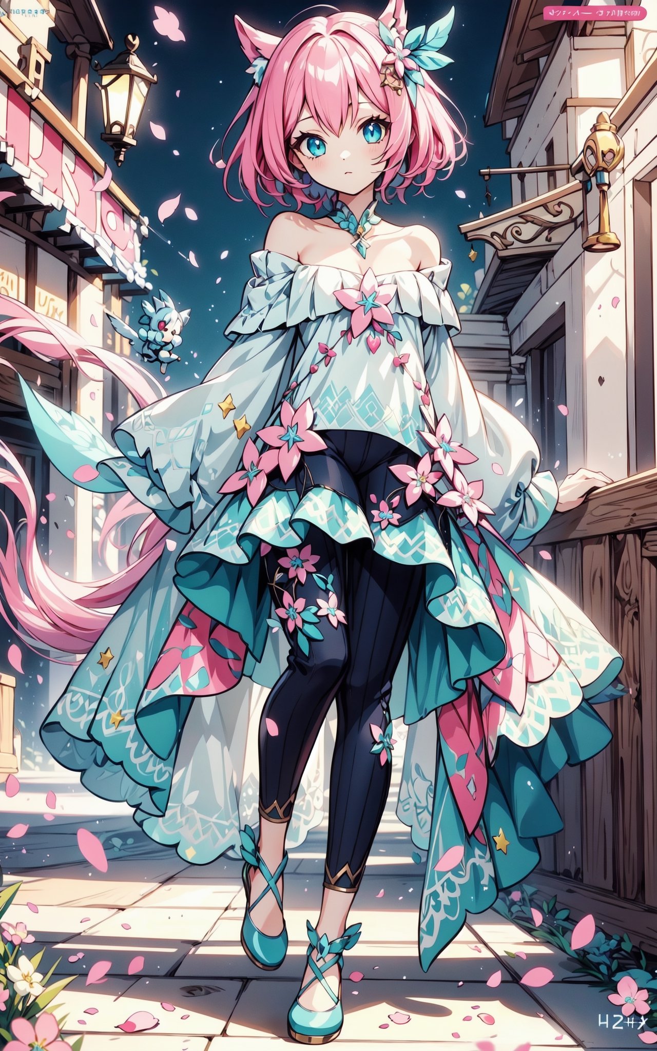 faux traditional media, mature female, beautiful,  anime visual,  (magazine cover:1.2), ultra-detailed shot of a princess, beautiful, pink hair, flower hair ornament, polka dot,1girl, avatar icon, game character concept, jrpg, 800mm lens, off shoulder, hoodie, ribbed sweater, sharp focus, depth of field, volumetric lighting, ((stylish, vintage)), (pinup:0.5), green and blue theme,(capri pants:1.2), studio lighting, (asymmetrical legwear),1 girl,Kawaii Figurines Style,yuzu,skirt_tail