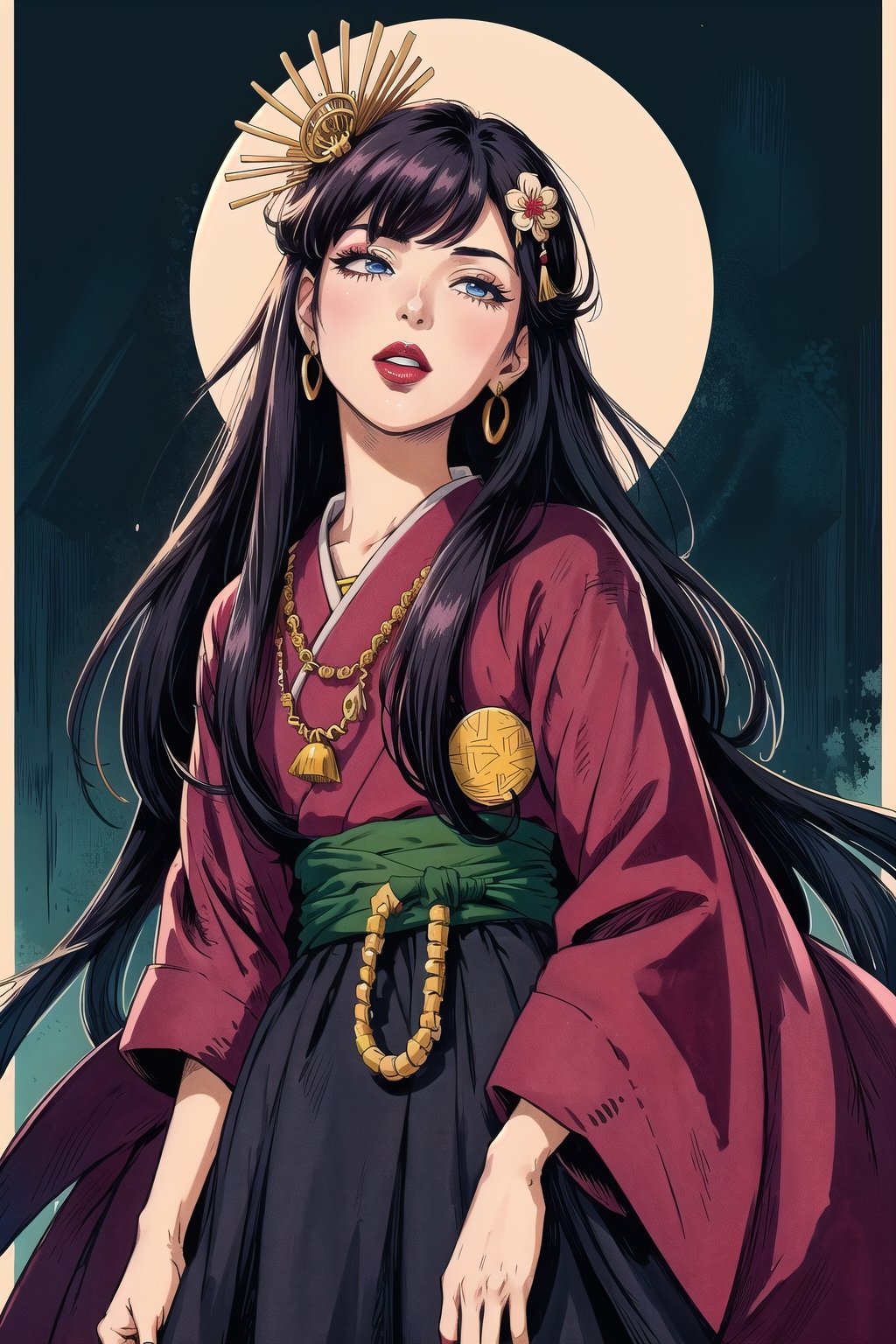 (Masterpiece), (highres), 8k, manga, digital illustration, 2d,  retro artstyle, (ultra-detailed portrait of a woman,solo,  shaded face, hair ornament, leaning forward,  confident, jewelry, colorful, frill trim, extremely detailed, detailed face, lipstick, straight hair, bangs,stylish, expressive, blush, looking to the side,  head tilt,  cowboy shot, fully clothed, (8k resolution),post00d,Hajime_Saitou,,quju,Oiran,sugar_rune