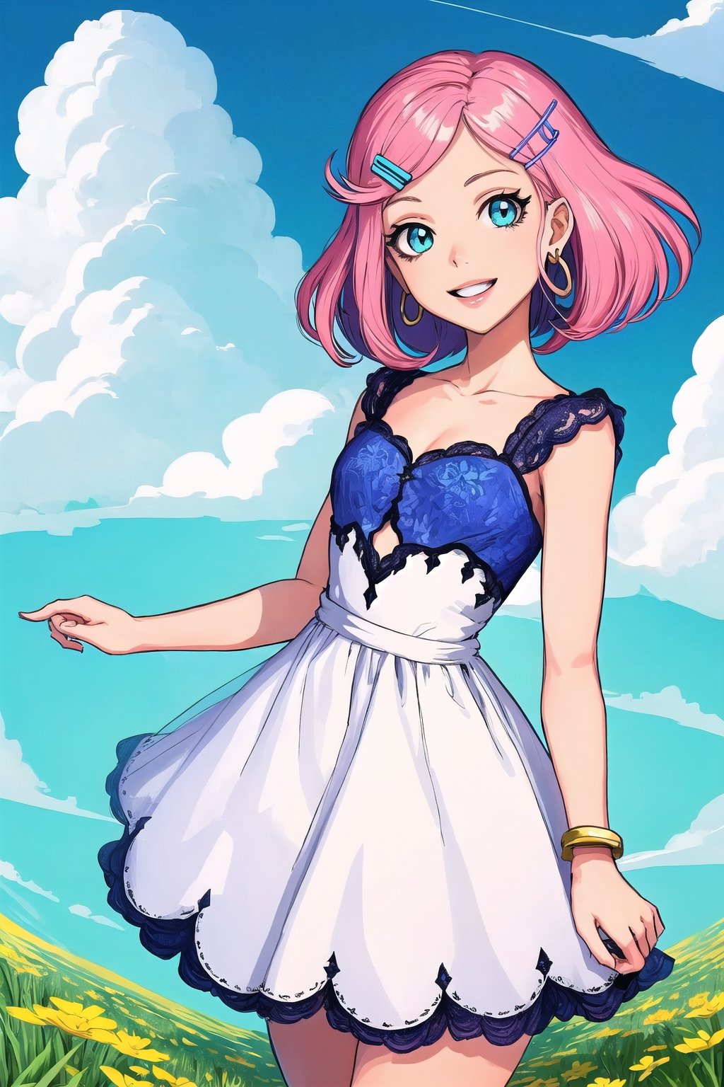 (masterpiece, best quality), digital illustration, volumetric lighting, 2d, anime visual, thick lineart, laughing, 8k,outdoors, hair clip, colorful, turning, head tilt, parted lips, jewelry, flower, dynamic, sky, day, cloud,  blue sky, 1girl, dress, gradient dress, unique character design, cloud, depth of field, grass, sweetscape,full background, more detail XL,madgod,stop motion, peaceful, serene, shiny, sugar_rune,sugar_rune