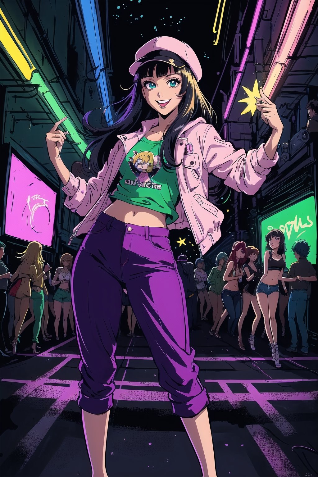 (Masterpiece),  (highres),  8k,  (traditional media:1.2),  manga, digital illustration,  2d,  retro artstyle,  (ultra-detailed full body shot of a group of girls dancing at a club, rave lights, party scene, multiple others, !, anime visual, (cinematic), atmosphere, city, (motion blur:1.3), excited, shirt,  jacket, pants, official alternate hairstyle, curtained bangs, very long hair,  colorful,  extremely detailed,  detailed face,  detailed eyes,  lipstick,  (hyper-detailed), smile,  looking at viewer,  cowboy shot,  fully clothed, glowing, night, neon sign, glowing lines, psychedelic, 70's fashion, (8k resolution),c1el,sugar_rune,N1njaScroll,more detail XL,retro artstyle,r0b0cap