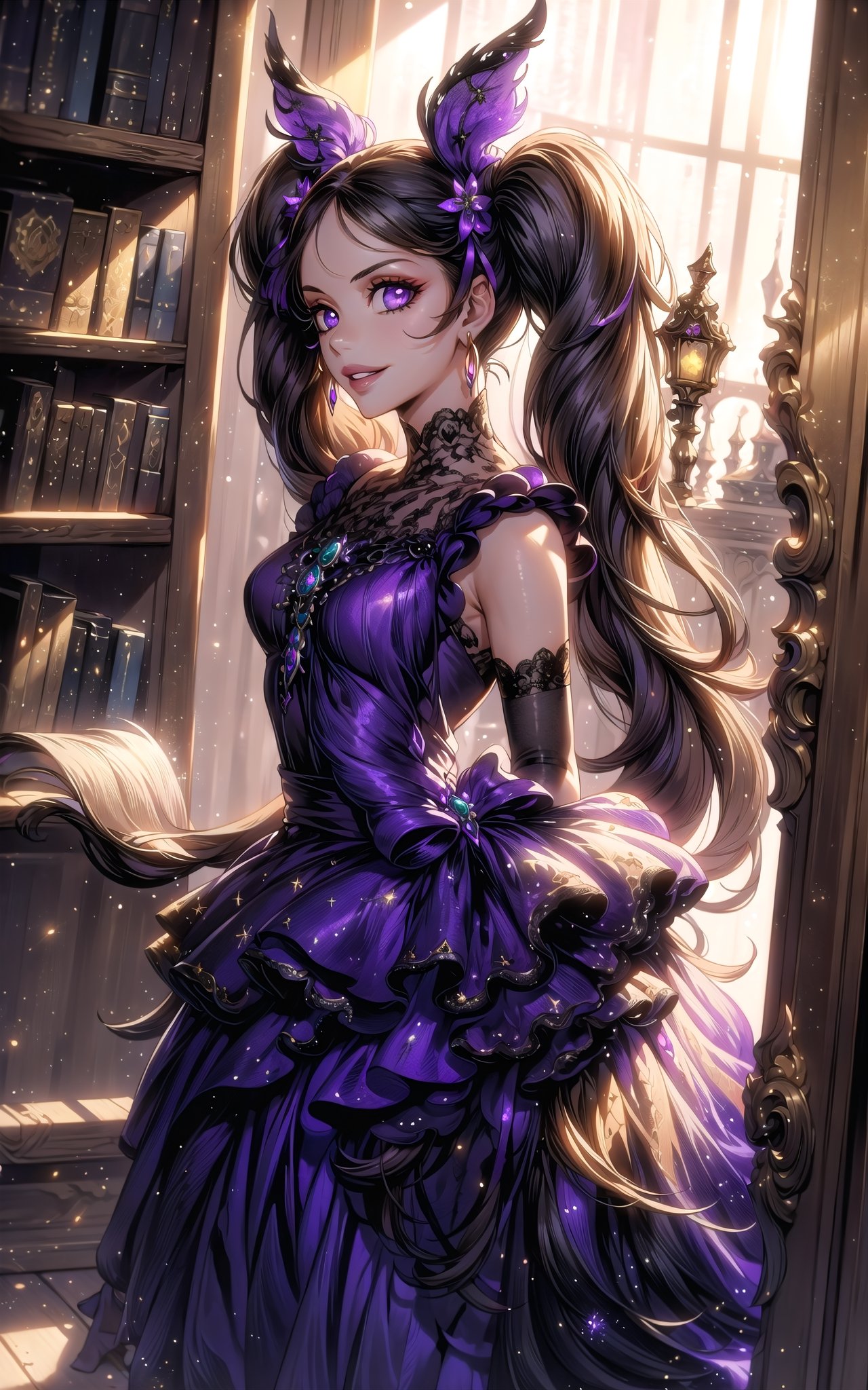 (Masterpiece, Best Quality:1.3), insaneres, (8k resolution), highly detailed, 2d, (faux traditional media:1.3), manga, digital illustration, fantastic composition, (mature female1.3), fantasy, thick lineart, outline, ((centered)), , sugar_rune, black hair, (dynamic pose:1.3), flower, (black theme:1.3), (in the style of yuki kajiura:0.8, ayami kojima, cowboy shot, (victorian), (gothic dress:1.4), dark theme, solo, purple eyes, 1girl, indoors, dark room, victorian setting, smile, evil smile, grin, looking down, from below, (hiding in the shadows:1.3), glowing eyes, parted lips, doll, earrings, sidelocks, (bangs:1.2), (low twintails:1.4), sleeveless, standing, elbow gloves, (dutch angle), supernatural, bonnet, doll dress, ribbon, waist-bow, hair bow, (night:1.2), looking at viewer, expressionless, fairytale, wonder, melancholy, dust particles, natural light pouring through window, (shadow:1.3), darkness, jewelry, very long hair, black gloves, lace trim, half updo, (deep depth of field:1.3), 85mm, hyperrealistic, film grain, colorful, lipstick, blurry foreground, haunted house, (halloween), (moody lighting:1.4), (spooky), (intricate details:1.2), focus face, messy hair, mystical, table, grandfather clock, bookshelf, livingroom, door, high-rise staircase, stairs, curtains, plant, (natural lighting:1.1), long face, (extremely detailed background:1.3), (stylish, fashion), scenery, human furniture, (fantasy:1.3),perfecteyes