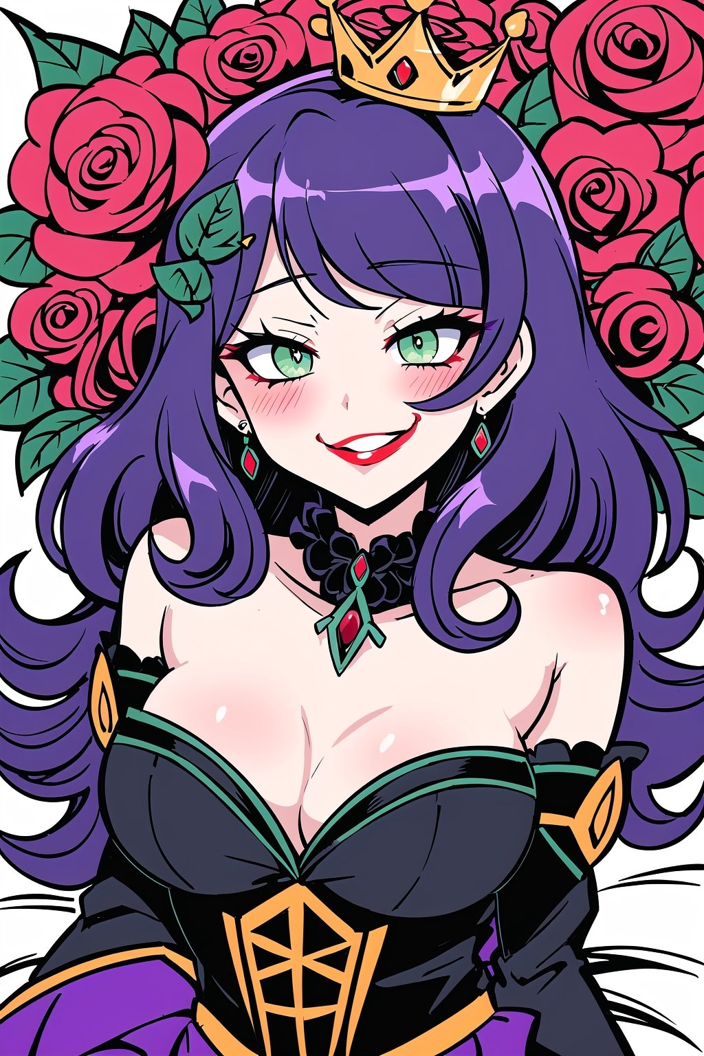 (Masterpiece),  (highres),  8k,  manga,  digital illustration,  2d,  retro artstyle,  (ultra-detailed portrait of a woman lying on a bed of roses,  queen,  sexy,  villain,  red lips,  smug,  evil grin, shaded face,  hair ornament,  leaning back,  annoyed, confident,  jewelry,  colorful,  detached sleeves,  frill trim,  extremely detailed,  detailed face,  lipstick,  green eyes, purple hair, ringlets, smile,  stylish,  expressive, blush,  looking to the side,  averting gaze,  intricate crown of despair,  head tilt,  cowboy shot,  fully clothed,  (8k resolution),