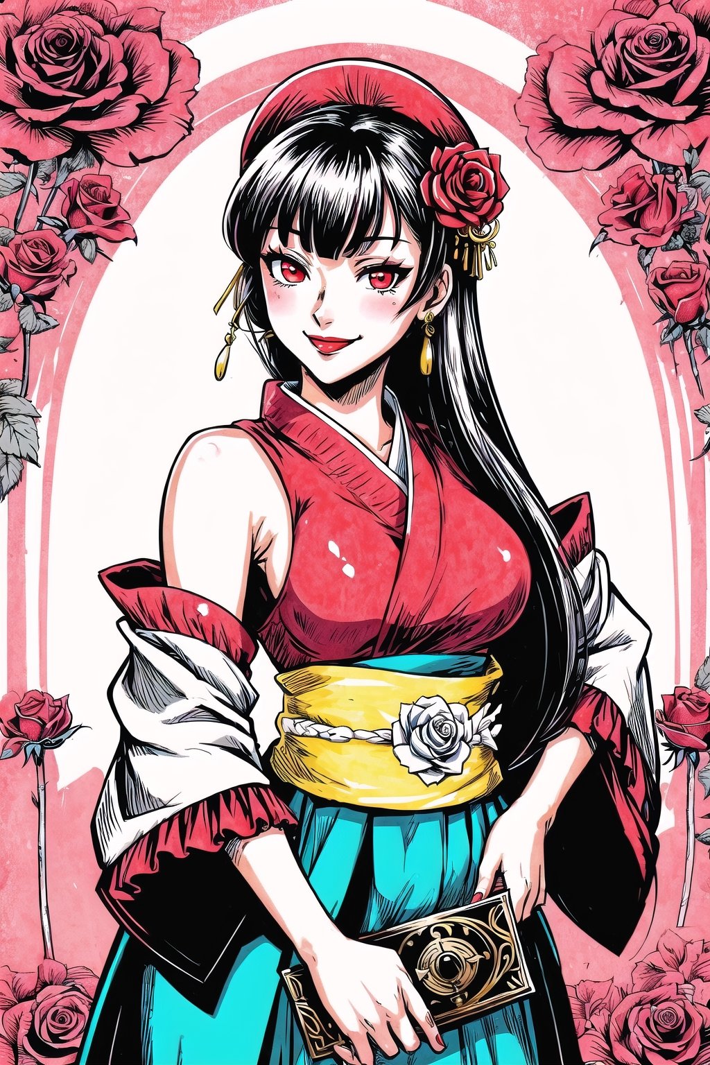 (Masterpiece), (highres), 8k, manga, digital illustration, 2d,  retro artstyle, (ultra-detailed portrait of a woman, sexy, solo, rose, shaded face, hair ornament, leaning forward,  confident, jewelry, colorful, detached sleeves, frill trim, extremely detailed, detailed face, lipstick, straight hair, bangs, red eyes, smile, stylish, expressive, from above, blush, looking to the side,  head tilt,  cowboy shot, fully clothed, (8k resolution),post00d,Hajime_Saitou,,quju,Oiran