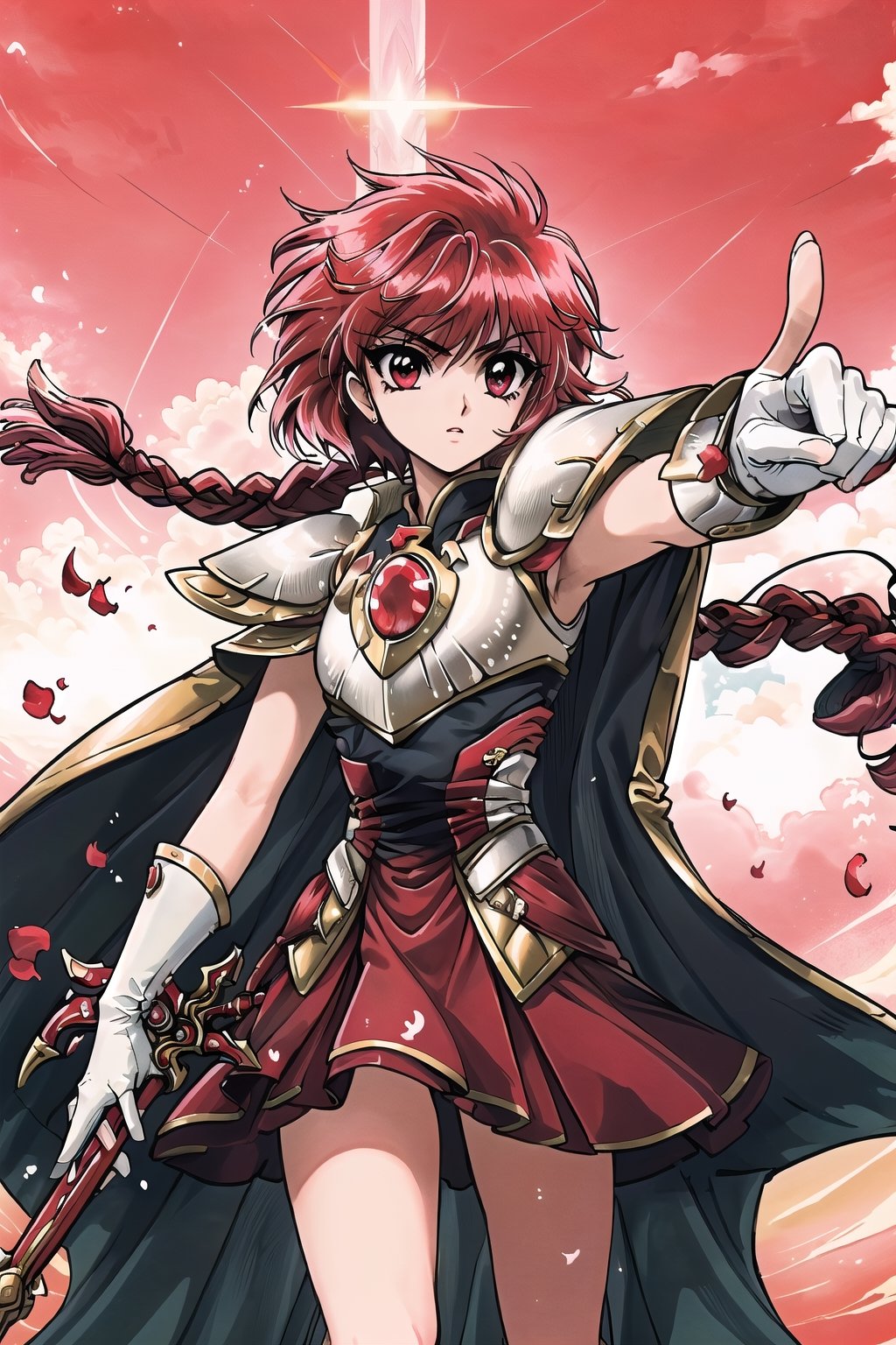 , (masterpiece, best quality:1.4), absurdres, best illustration, hikaru_rayearth, solo, long hair, red eyes, (detailed face, detailed eyes), gloves, holding, weapon,  braid, red hair, sword, white gloves, cape, holding weapon, armor, petals, single braid, (holding sword, pointing sword towards the heavens:1.2), godlight, halation, magnificent, epic scene, looking up, powerful, dynamic posture, fire, shoulder armor, serious, red cape, armored dress, retro artstyle, 1990s (style), red theme, (depth of field), (perfect anatomy:1.1), sharp focus),Rayearth,skirt_tail