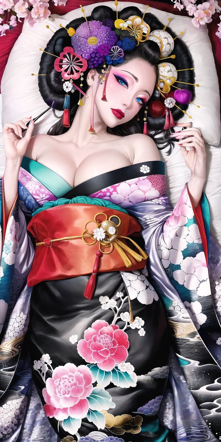 , (Masterpiece, Best Quality:1.3), (thick lineart), (faux traditional media), highres, official art, best illustration, (8k resolution), oiran, 1girl, mature female, (perfect anatomy), solo, japanese clothes, from above, breasts, obi, stylish, intricate, fantastic, fairytale, fantasy art, (detailed face),  lying on a bed of flowers, on back, (lovely eyes, looking at viewer, lipstick), depth of field, silhouette, perfect, makeup, lovely, (details:1.2), camellia, various colors, vivid, colorful, shiny, sky, stars, lumen global illumination, (background in the style of Hokusai Katsushika:1.3), water, ripples,Oiran