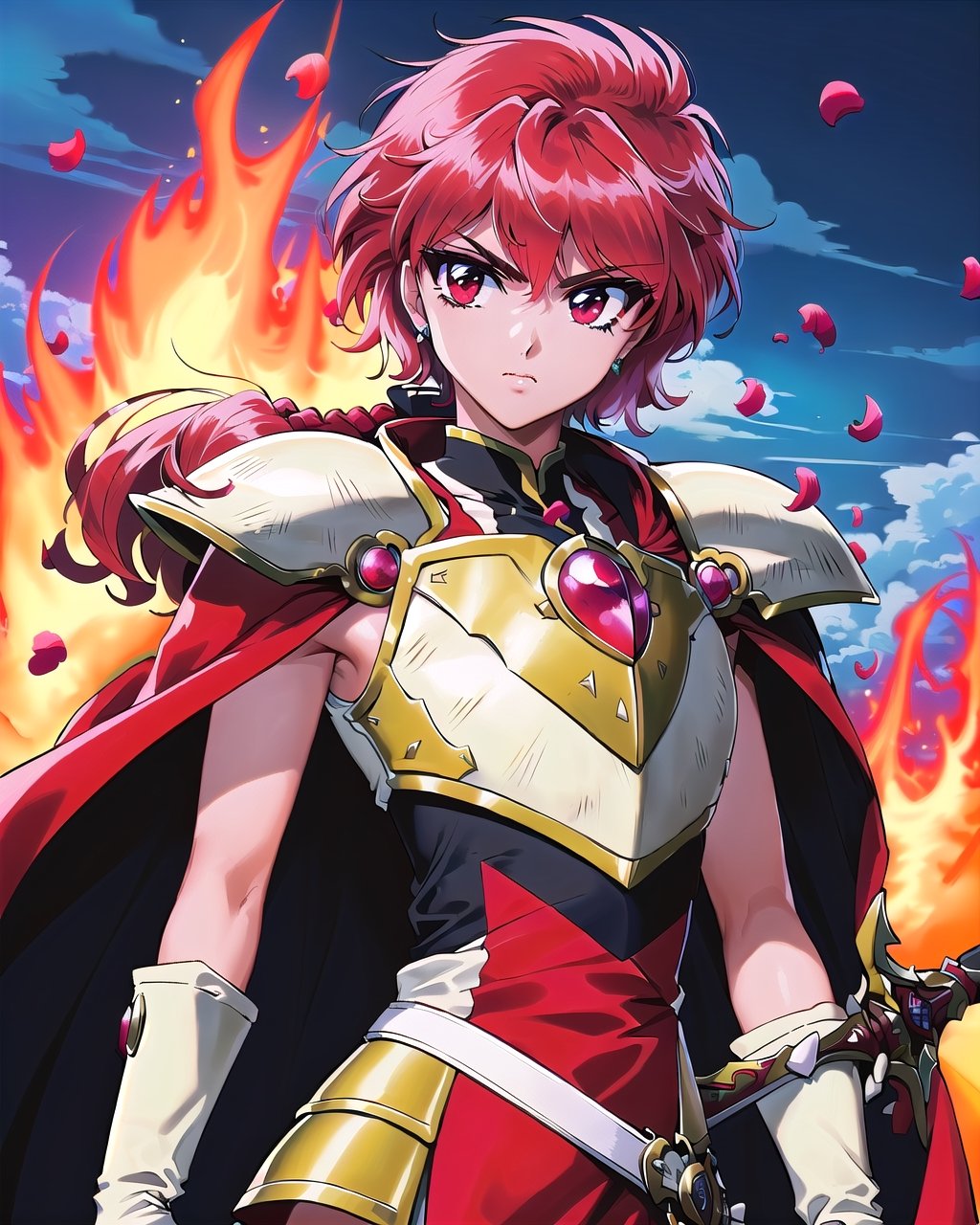 , (masterpiece, best quality:1.4), absurdres, best illustration, hikaru_rayearth, solo, long hair, red eyes, (detailed face, detailed eyes), gloves, holding, weapon,  braid, red hair, sword, white gloves, cape, holding weapon, armor, petals, single braid, holding sword, fire, shoulder armor, serious, red cape, armored dress, retro artstyle, 1990s (style), red theme, (depth of field), sharp focus)