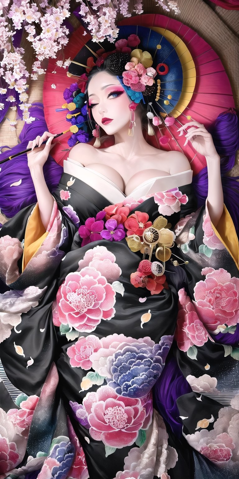 , (Masterpiece, Best Quality:1.3), (thick lineart), (faux traditional media), highres, official art, best illustration, (8k resolution), oiran, 1girl, mature female, (perfect anatomy), solo, japanese clothes, from above, breasts, obi, stylish, intricate, fantastic, fairytale, fantasy art, (detailed face),  lying on a bed of flowers, on back, (lovely eyes, looking at viewer, lipstick), depth of field, silhouette, perfect, makeup, lovely, (details:1.2), camellia, various colors, vivid, colorful, shiny, sky, stars, lumen global illumination, (background in the style of Hokusai Katsushika:1.3), water, ripples,Oiran