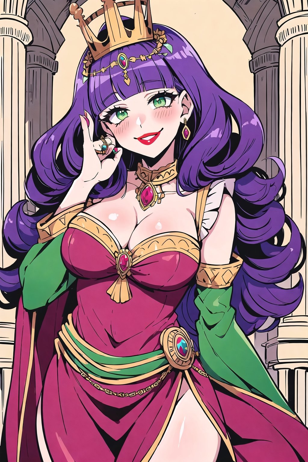 (Masterpiece),  (highres),  8k,  manga,  digital illustration,  2d,  retro artstyle,  (ultra-detailed portrait of a woman,  queen,  ancient ruins, diva, villain,  red lips, light smile,  shaded face,  hair ornament,  contrapposto, jewelry,  colorful,  detached sleeves,  frill trim,  extremely detailed,  detailed face,  lipstick,  green eyes, purple hair, ringlets, smile,  stylish,  expressive, blush,  averting gaze,  intricate crown of despair,  head tilt,  cowboy shot,  fully clothed,  (8k resolution),