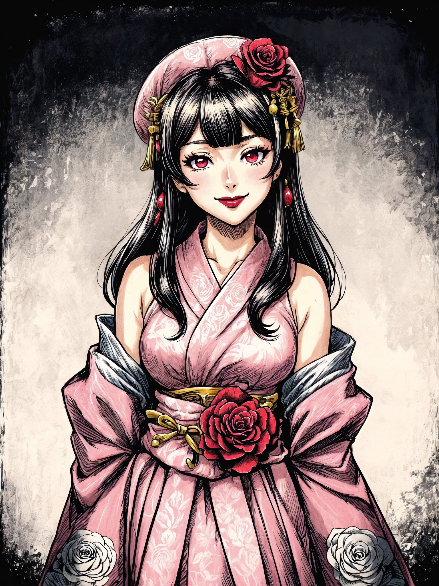 (Masterpiece), (highres), 8k, manga, digital illustration, 2d,  retro artstyle, (ultra-detailed portrait of a woman, sexy, solo, rose, shaded face, hair ornament, leaning forward,  confident, jewelry, colorful, detached sleeves, frill trim, extremely detailed, detailed face, lipstick, straight hair, bangs, red eyes, smile, stylish, expressive, from above, blush, looking to the side,  head tilt,  cowboy shot, fully clothed, (8k resolution),post00d,Hajime_Saitou,,quju,Oiran