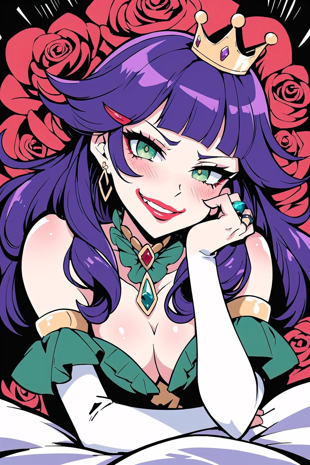 (Masterpiece),  (highres),  8k,  manga,  digital illustration,  2d,  retro artstyle,  (ultra-detailed portrait of a woman lying on a bed of roses,  queen,  sexy,  villain,  red lips,  smug,  evil grin, shaded face,  hair ornament,  leaning back,  annoyed, confident,  jewelry,  colorful,  detached sleeves,  frill trim,  extremely detailed,  detailed face,  lipstick,  green eyes, purple hair, ringlets, smile,  stylish,  expressive, blush,  looking to the side,  averting gaze,  intricate crown of despair,  head tilt,  cowboy shot,  fully clothed,  (8k resolution),