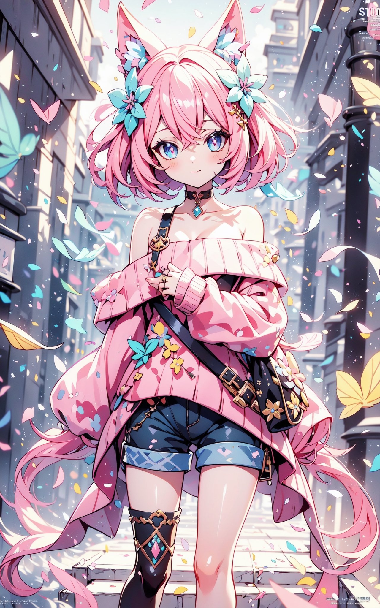 faux traditional media, mature female, beautiful,  anime visual,  (magazine cover:1.2), ultra-detailed shot of a princess, beautiful, pink hair, flower hair ornament, polka dot,1girl, avatar icon, game character concept, jrpg, 800mm lens, off shoulder, hoodie, ribbed sweater, sharp focus, depth of field, volumetric lighting, ((stylish, vintage)), (pinup:0.5), (shorts:1.2), studio lighting, (asymmetrical legwear),1 girl,Kawaii Figurines Style