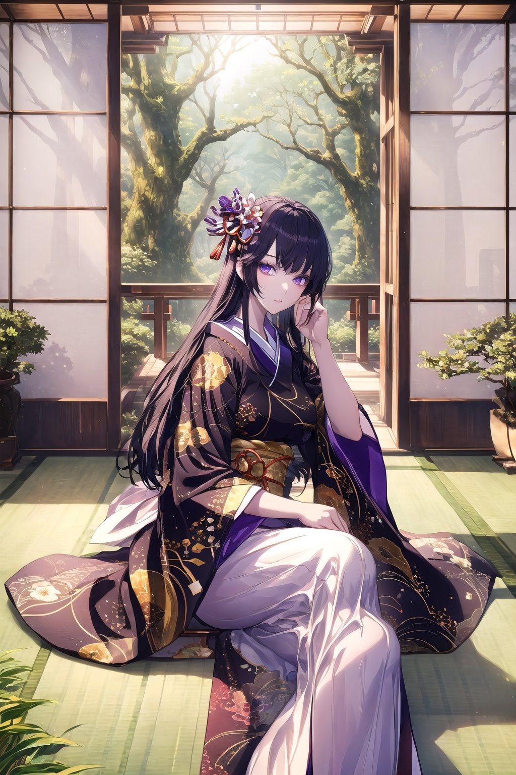 (Masterpiece), (highres), 8k, hyperdetailed, deep depth of field, motion blur, 0kazu, official alterate hairstyle, unique character concept, hyperrealistc, stunning artwork, finely crafted, human furniture, close-up, extremely detailed background. ancient Japan, Heian, hypnotizing purple eyes, mature female,(Karaginu Mo), very long hair, straight hair, perfect female figure, black hair, garden, hime cut, blunt bangs,  hair ornament, gorgeous, bloom, shadow, dynamic line of action, nature, overgrown,dynamic posture,  fantasy, glowing, traditional, tatami, sitting,  feet out of frame,  serene, Japanese architecture, (indoors), scenery,1 girl, atmospheric, perspective