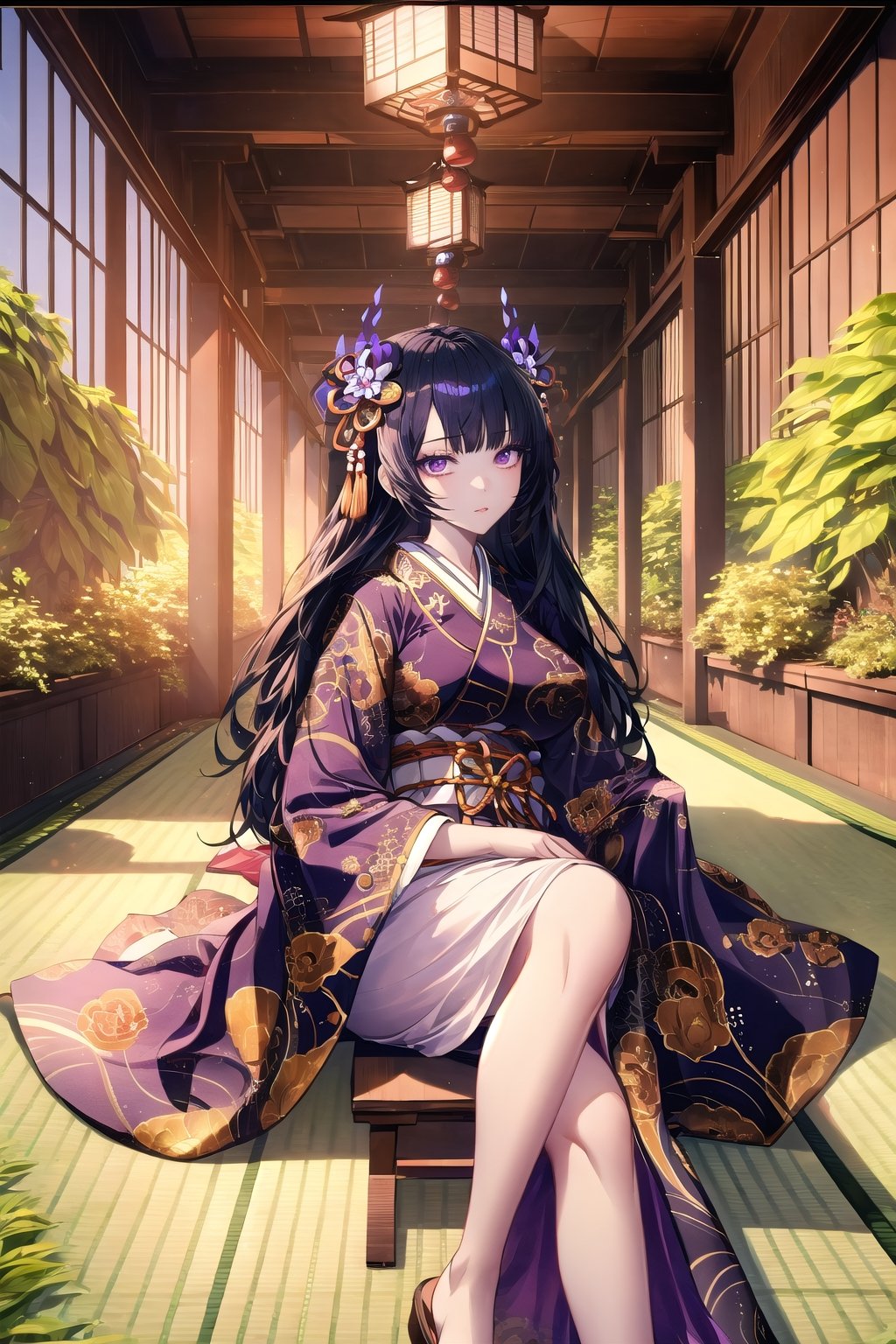 (Masterpiece), (highres), 8k, hyperdetailed, deep depth of field, motion blur, 0kazu, official alterate hairstyle, unique character concept, hyperrealistc, stunning artwork, finely crafted, human furniture, extremely detailed background. ancient Japan, Heian, hypnotizing purple eyes, mature female,(Karaginu Mo), very long hair, straight hair, perfect female figure, black hair, garden, hime cut, blunt bangs,  hair ornament, gorgeous, bloom, shadow, dynamic line of action, nature, overgrown,dynamic posture,  fantasy, glowing, traditional, tatami, sitting,  feet out of frame,  serene, Japanese architecture, (indoors), scenery,1 girl, atmospheric, perspective