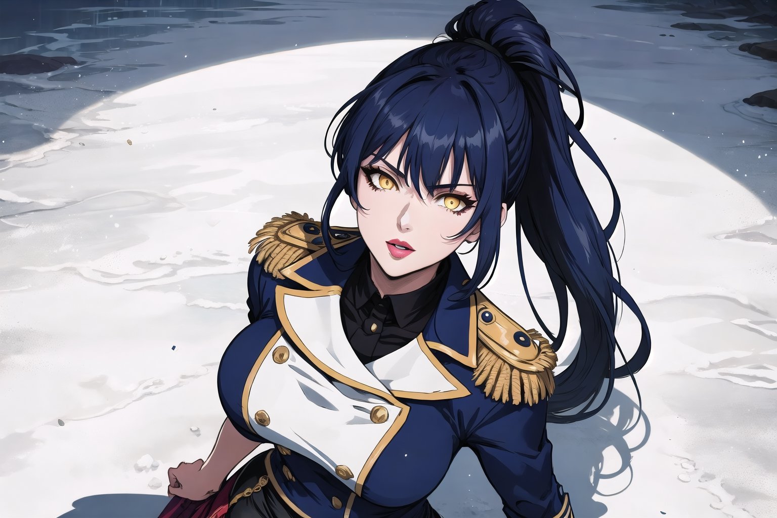 8k, top quality, digital illustration, shadow, dark, glowing eyes, detailed face, detailed eyes, dark blue hair, ponytail, yellow eyes, contrapposto, own hands together, arm support, shaded face, from above, backlighting, outline, volumetric lighting, looking at viewer, serious, closed mouth, lipstick, thick lineart, intricate details, shadow, (tricorne:1.2), navy blue, pencil skirt, military uniform, graphite_(medium), (highly detailed), ocean