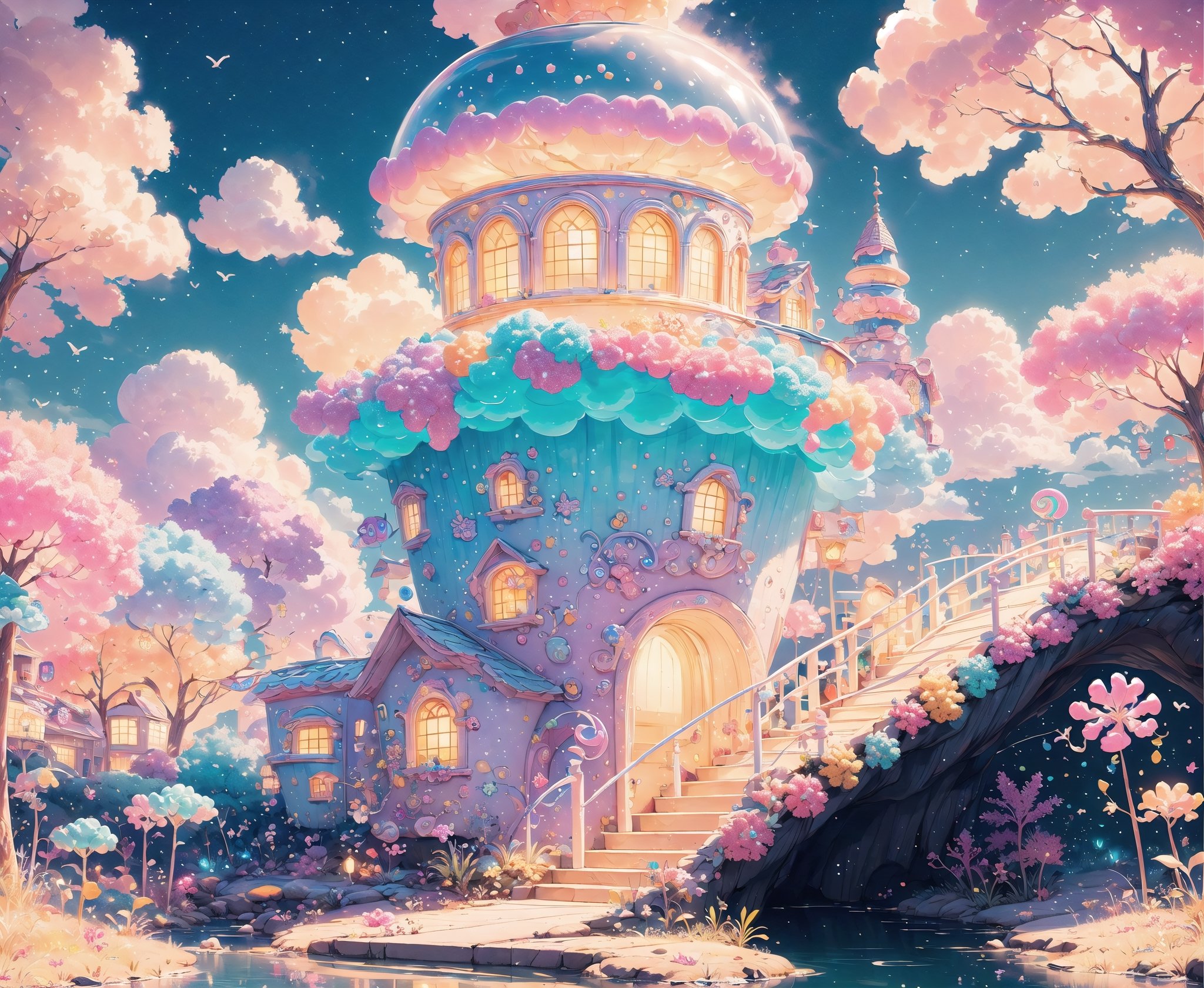 (masterpiece, best quality:1.2), 8k, top quality, cryptids, cookie, glowing, (panoramic view), cinematic, intricate details, above the clouds, floating, in the style of pixar, cloud, cotton candy, whipped cream, dream, fantastic lighting and composition, fruit, colorful, vivid, a world made of candy, plant, scenery, highly detailed, 3d, beautiful, personification, deep depth of field, adorable, cute, (gradients), sweet, shiny, delicious, bloom, volumetric lighting, (fantasy), candyland, candy, see-through, transparent, (jello), coral colors, smooth, extremely detailed,cryptids,(best quality,kawaiitech