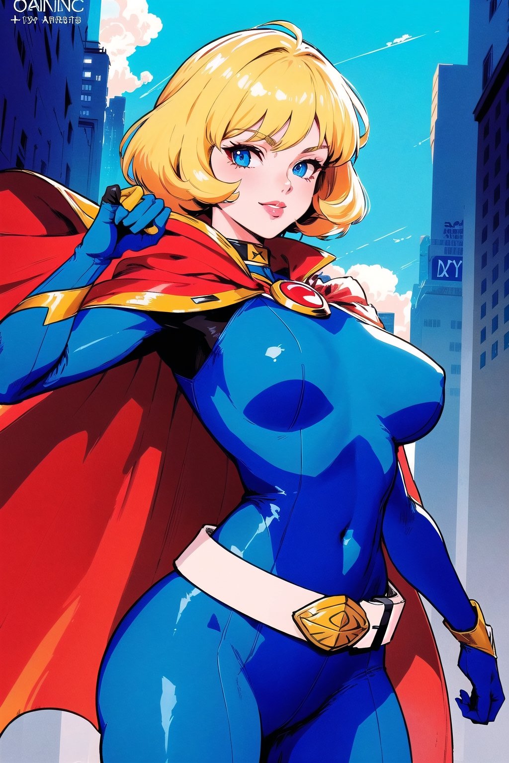 (masterpiece,best quality), digital illustration, volumetric lighting, 2d, bloom, thick lineart, retro artstyle, blonde hair, (solo), cowboy shot, personality, charming, powerful, cape, domino mask, enchanting, mature female, adapted costume, superhero costume, superhero landing, serious, bodysuit, game cover, hero, outdoors, from below, heroic stance, cityscape, comic, fighting stance, sassy, contrapposto, huge breasts, aged up, full lips, official alternate costume, arknights, bodacious, hourglass figure, small details, belt, light smile, dyamic pose, fantasy, mask, 8k,colorful, upper body, detailed hair, extremely detailed, dynamic, day, (fashion, stylish), looking at viewer, full angle view, gradients, unique character design, deep depth of field, more detail XL, shiny, sugar_rune, Rayearth,rayearth,resNina,dragonink