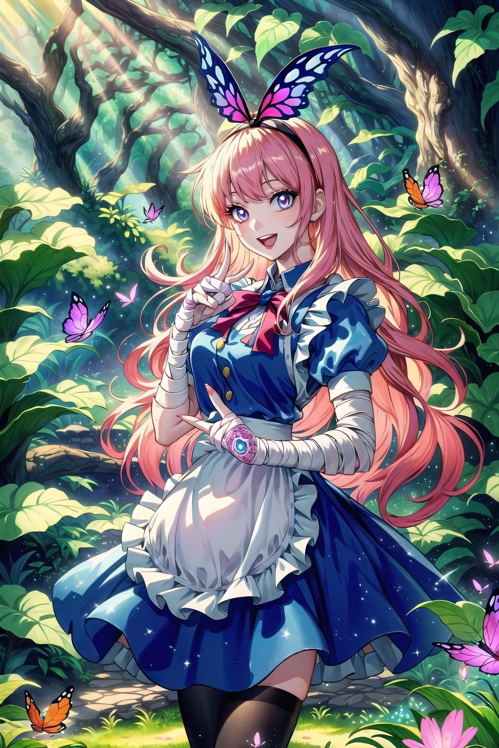 (Masterpiece), (highres), 8k, hyperdetailed, deep depth of field, motion blur, 0kazu, unique character concept, hyperrealistc, stunning artwork, finely crafted, alice in wonderland, diamond print thighhighs, diamond_(shape), sparkle, dreamy, cowboy shot, extremely detailed background. hypnotizing pink eyes, blonde hair, very long hair, butterfly hairband, blue dress. apron, bloomers, waist bow, finger bandages, fingernails, beautiful hands, heart pose, happy, smile, open mouth, retro artstyle, perfect female figure, garden, psychadelic, hair ornament, gorgeous, bloom, nature, shadow, nature, overgrown,  fantasy, outdoors, sunlight, day, scenery,1 girl, atmospheric,traditional media