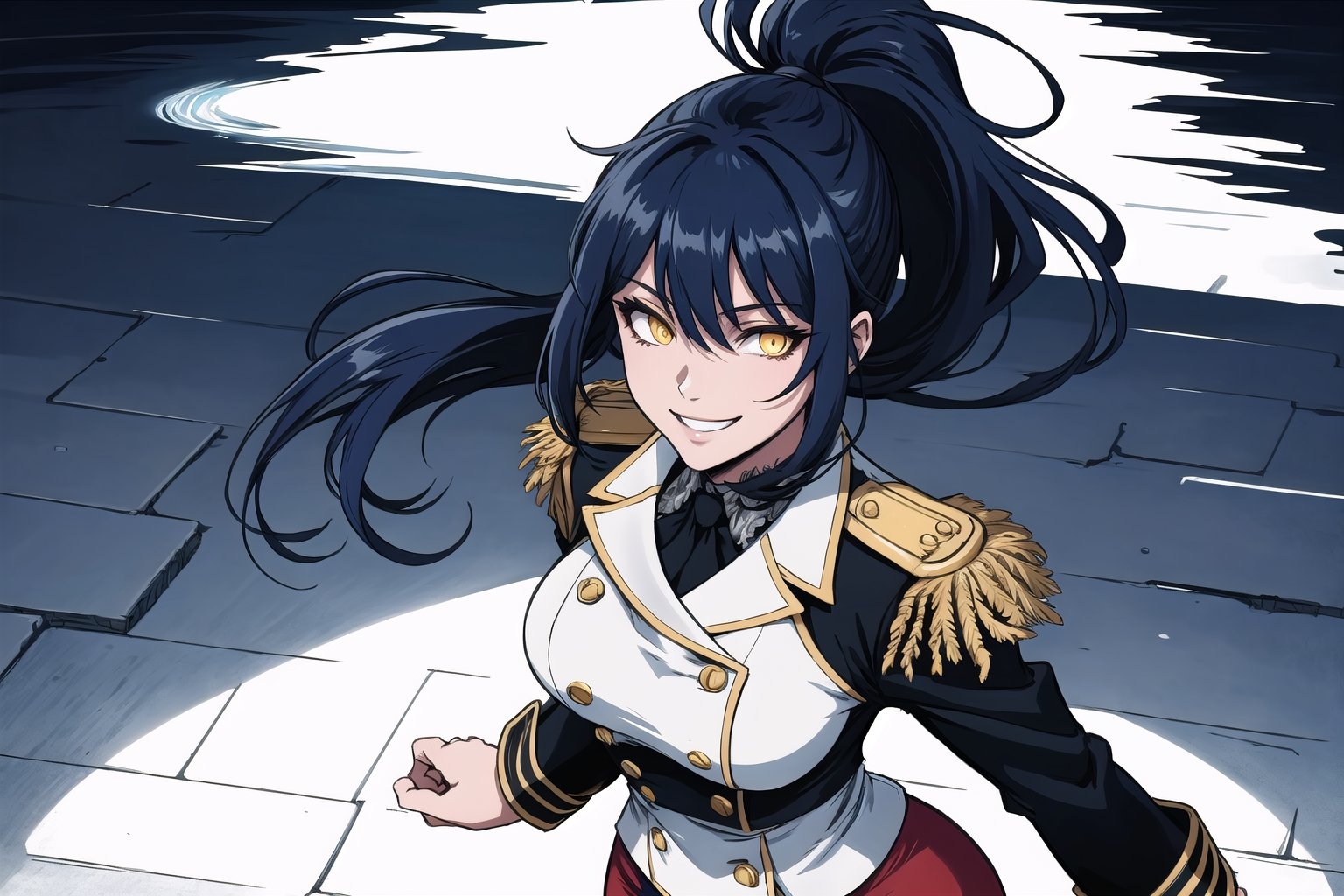 8k, top quality, digital illustration, shadow, dark, glowing eyes, detailed face, detailed eyes, dark blue hair, ponytail, yellow eyes, contrapposto, own hands together, arm support, shaded face, from above, backlighting, outline, volumetric lighting, looking at viewer, grin, thick lineart, intricate details, shadow, (tricorne:1.2), navy blue, pencil skirt, military uniform, graphite_(medium), (highly detailed), ocean, battleship, mechanical parts