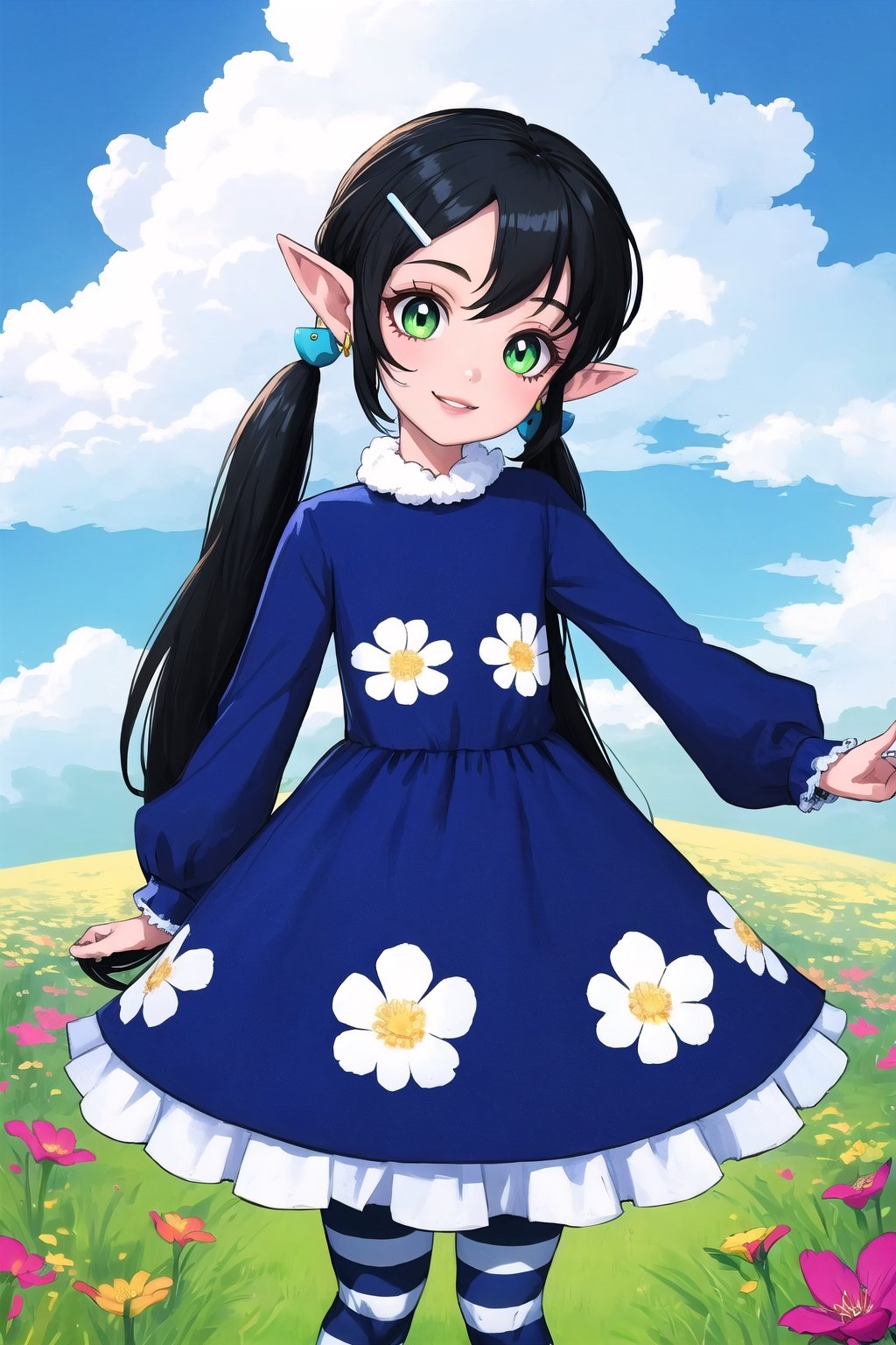 (masterpiece, best quality), digital illustration, volumetric lighting, 2d, bloom, thick lineart, pointy ears, striped, stockings, long sleeves, light smile, hair ornament, swirl print, 8k,outdoors, hair clip, colorful, turning, head tilt, low twintails, very long hair, floral print, parted lips, jewelry, green eyes, black hair, flower, dynamic, sky, day, cloud,  blue sky, 1girl, dress, gradient dress, unique character design, cloud, depth of field, grass, sweetscape,full background, more detail XL,madgod,stop motion, peaceful, serene, shiny, sugar_rune,sugar_rune