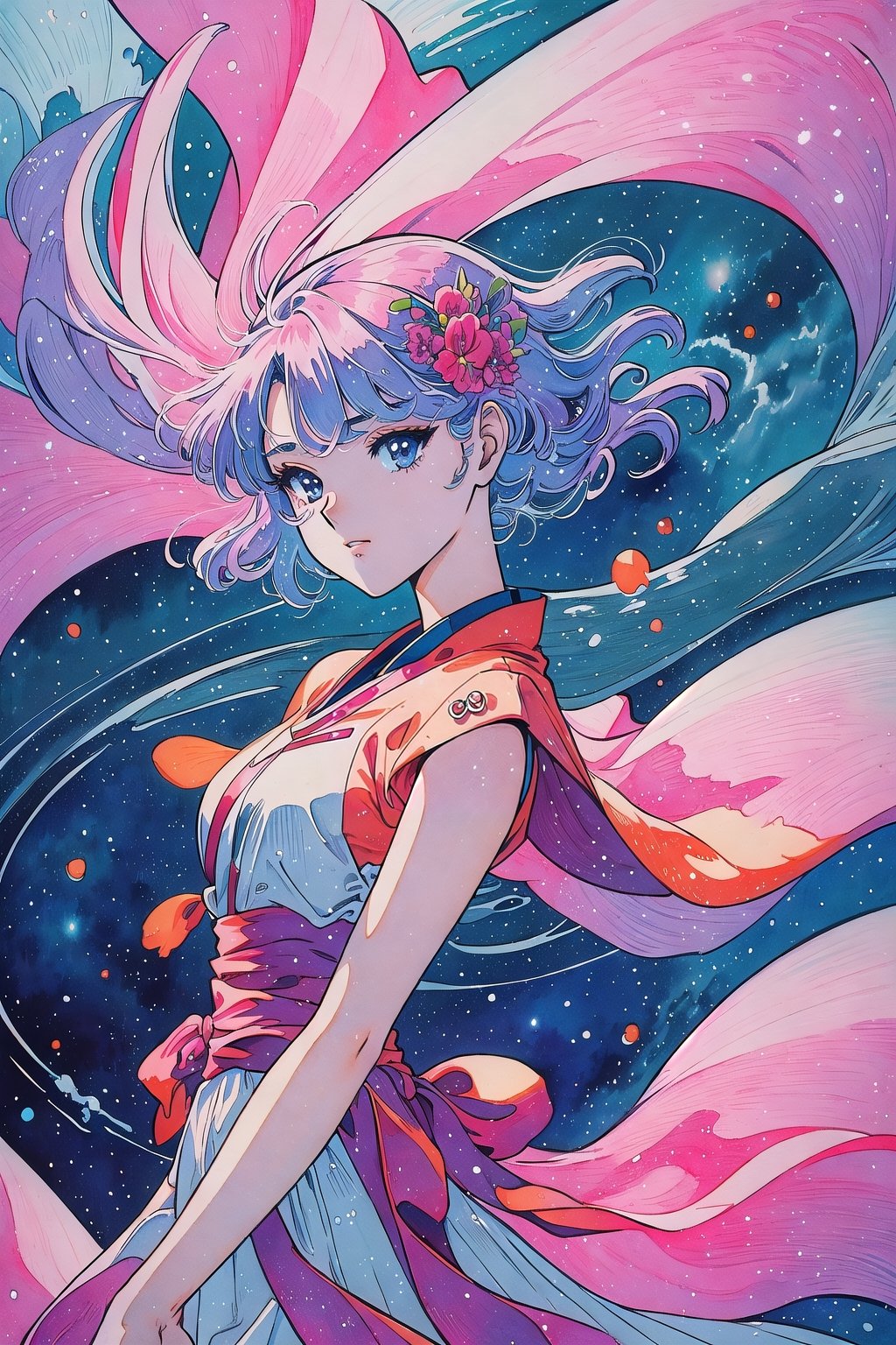 (Masterpiece,  Best Quality),  highres,  (8k resolution), retro artstyle, digital illustration,  official art,  (Traditional Media:1.2),  ((2d)),  Manga,  (Ultra-detailed),  1girl,  solo,  beautiful,  floating hair,  perfect female figure,  space,  depth of field, 