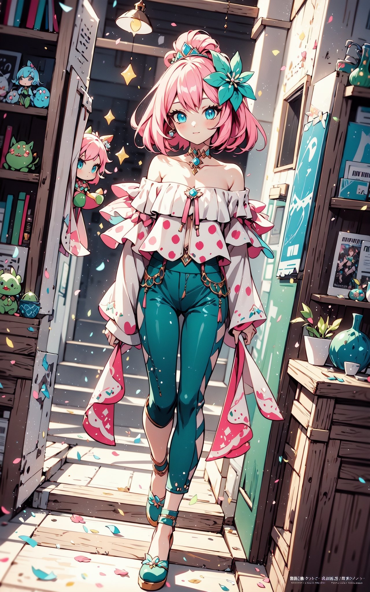 faux traditional media, mature female, beautiful,  anime visual,  (magazine cover:1.2), ultra-detailed shot of a princess, beautiful, pink hair, flower hair ornament, polka dot,1girl, avatar icon, game character concept, jrpg, 800mm lens, off shoulder, hoodie, ribbed sweater, sharp focus, depth of field, volumetric lighting, ((stylish, vintage)), (pinup:0.5), green and blue theme,(capri pants:1.2), studio lighting, (asymmetrical legwear),1 girl,Kawaii Figurines Style,yuzu