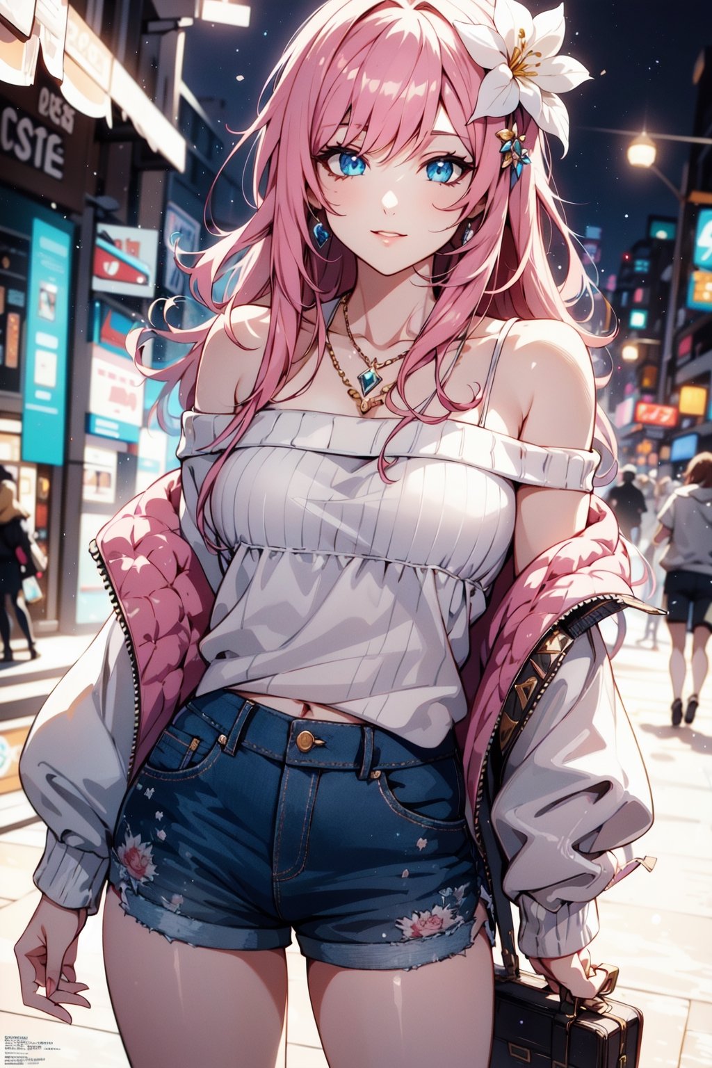 faux traditional media, mature female, beautiful,  anime visual,  (magazine cover:1.2), ultra-detailed shot of a princess, beautiful, pink hair, flower hair ornament, polka dot,1girl, avatar icon, game character concept, jrpg, 800mm lens, off shoulder, hoodie, ribbed sweater, sharp focus, depth of field, volumetric lighting, ((stylish, vintage)), (pinup:0.5), (shorts:1.2), studio lighting, (asymmetrical legwear),1 girl