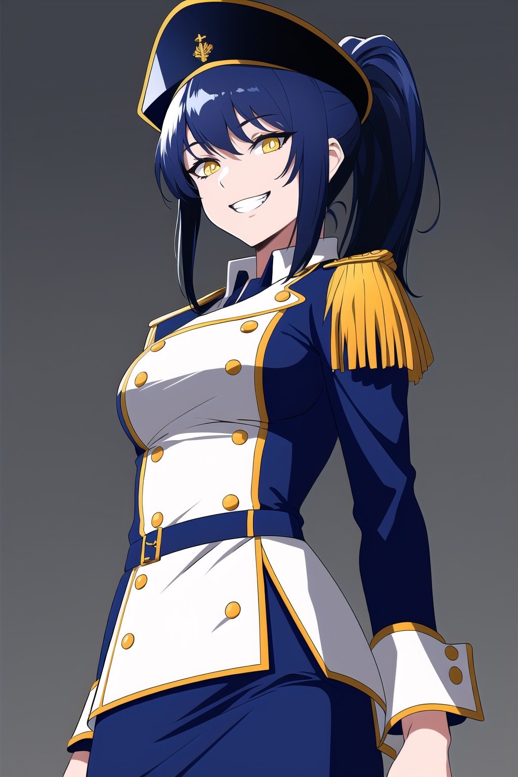 8k, top quality, digital illustration, shadow, dark, glowing eyes, detailed face, detailed eyes, dark blue hair, ponytail, yellow eyes, contrapposto, own hands together, arm support, shaded face, from below, looking at viewer, grin, thick lineart, intricate details, volumetric lighting, (tricorne:1.2), navy blue, pencil skirt, military uniform, graphite_(medium)