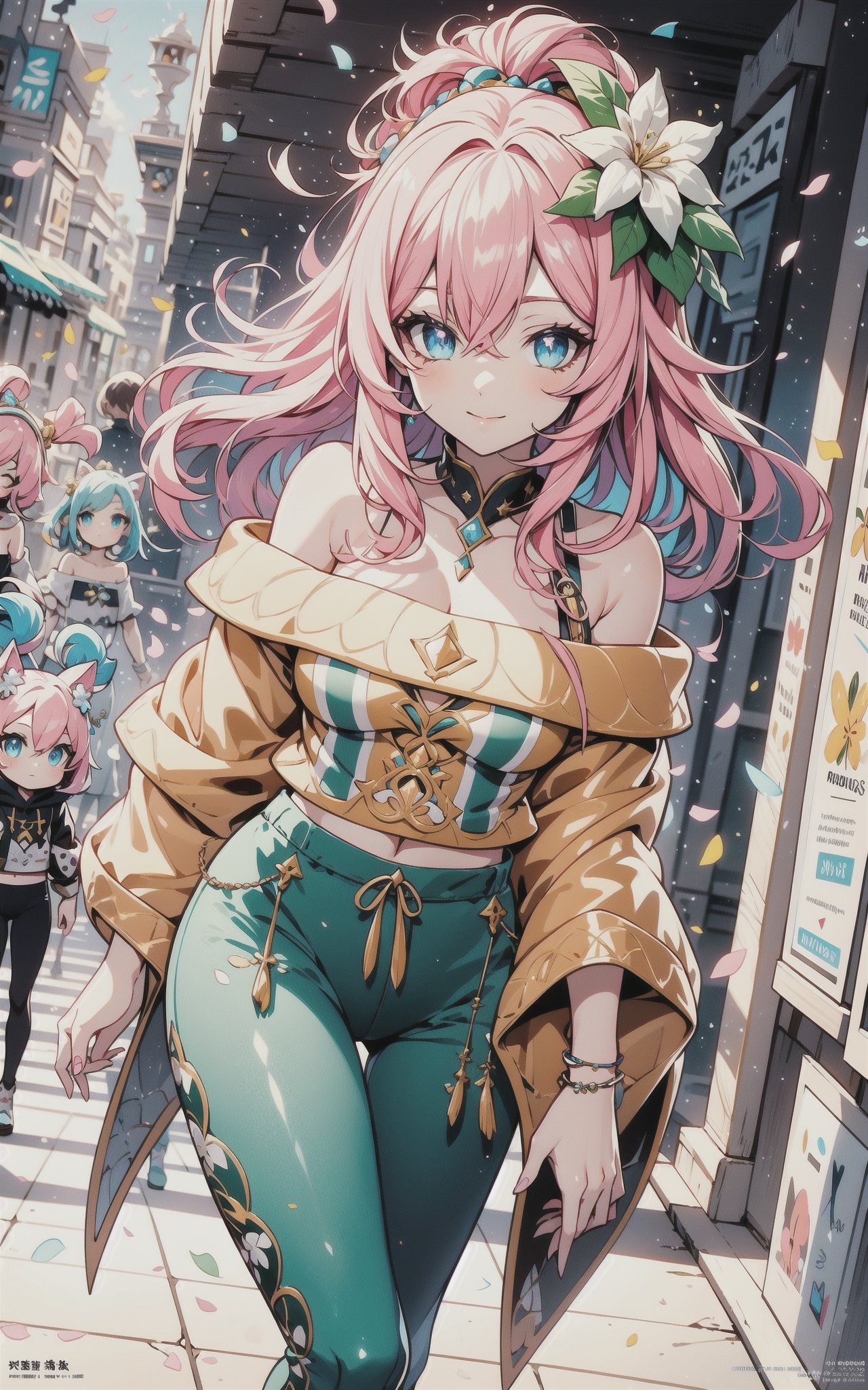 faux traditional media, mature female, beautiful,  anime visual,  (magazine cover:1.2), ultra-detailed shot of a princess, beautiful, pink hair, flower hair ornament, polka dot,1girl, avatar icon, game character concept, jrpg, 800mm lens, off shoulder, hoodie, ribbed sweater, sharp focus, depth of field, volumetric lighting, ((stylish, vintage)), (pinup:0.5), green and blue theme,(capri pants:1.2), studio lighting, (asymmetrical legwear),1 girl,Kawaii Figurines Style,yuzu