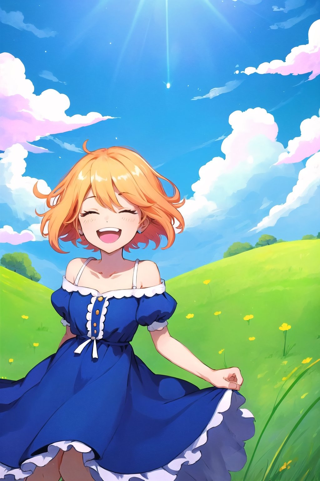 (masterpiece, best quality), digital illustration, volumetric lighting, 2d, anime visual, thick lineart, laughing, 8k,outdoors, sky, day, cloud,  blue sky, 1girl, dress, unique character design, cloud, depth of field, grass, sweetscape,full background, more detail XL,madgod,stop motion, peaceful, serene, shiny, sugar_rune,sugar_rune