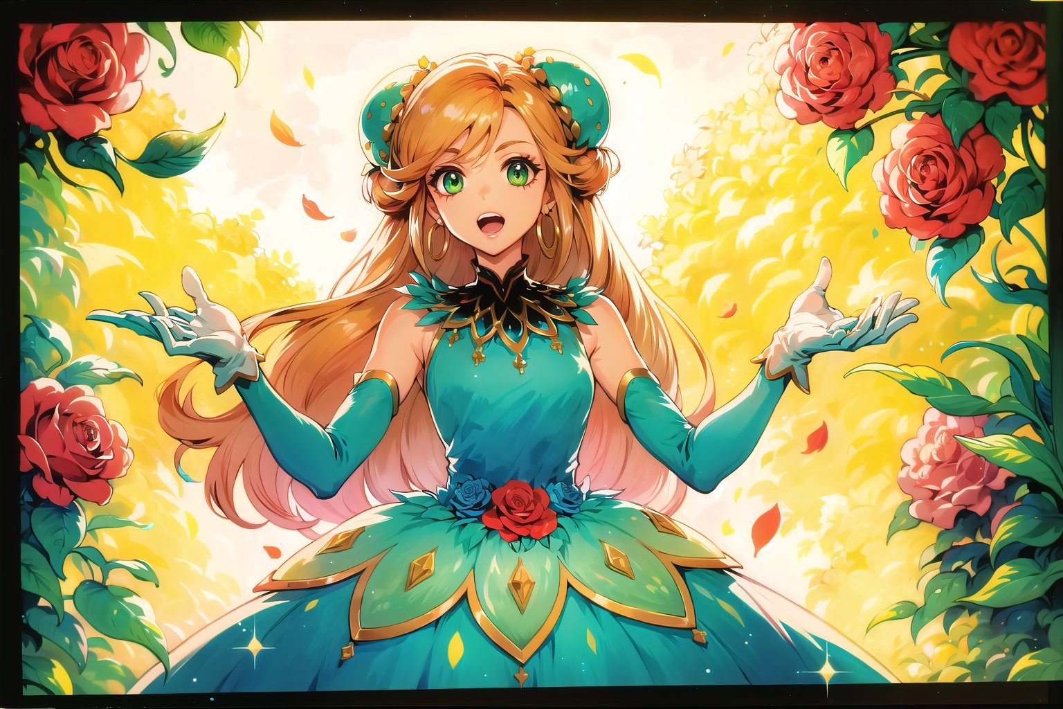 (Masterpiece, Best Quality:1.3), highres, 8k, highly detailed, 2d, (faux traditional media:1.3), manga, illustration, (mature female!.3), fantasy, thick lineart, outline, ((centered)), , sugar_rune, flower, cowboy shot, flower dress, solo, green eyes, polka dot, 1girl, sparkle, bush, open mouth, earrings, sleeveless, standing, gloves, overgrowth, wariza, (perfect hands), looking at viewer, fairytale, wonder, dreamy, golden hour, outdoors, leaves, long hair, jewelry, white gloves, nature, doughnut hair bun, half updo, ((depth of field)), 85mm, hyperrealistic, film grain, colorful, (rose garden), shadow, (natural lighting:1.1), long face, (jmature female:1.3), stylish, fashion, bloom, (deep depth of field)