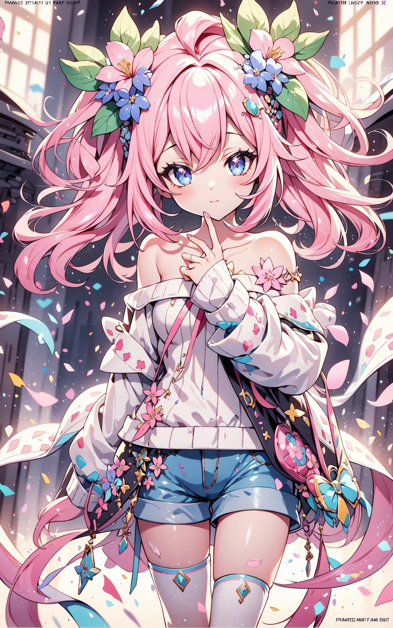 faux traditional media, mature female, beautiful,  anime visual,  (magazine cover:1.2), ultra-detailed shot of a princess, beautiful, pink hair, flower hair ornament, polka dot,1girl, avatar icon, game character concept, jrpg, 800mm lens, off shoulder, hoodie, ribbed sweater, sharp focus, depth of field, volumetric lighting, ((stylish, vintage)), (pinup:0.5), (shorts:1.2), studio lighting, (asymmetrical legwear),1 girl,Kawaii Figurines Style