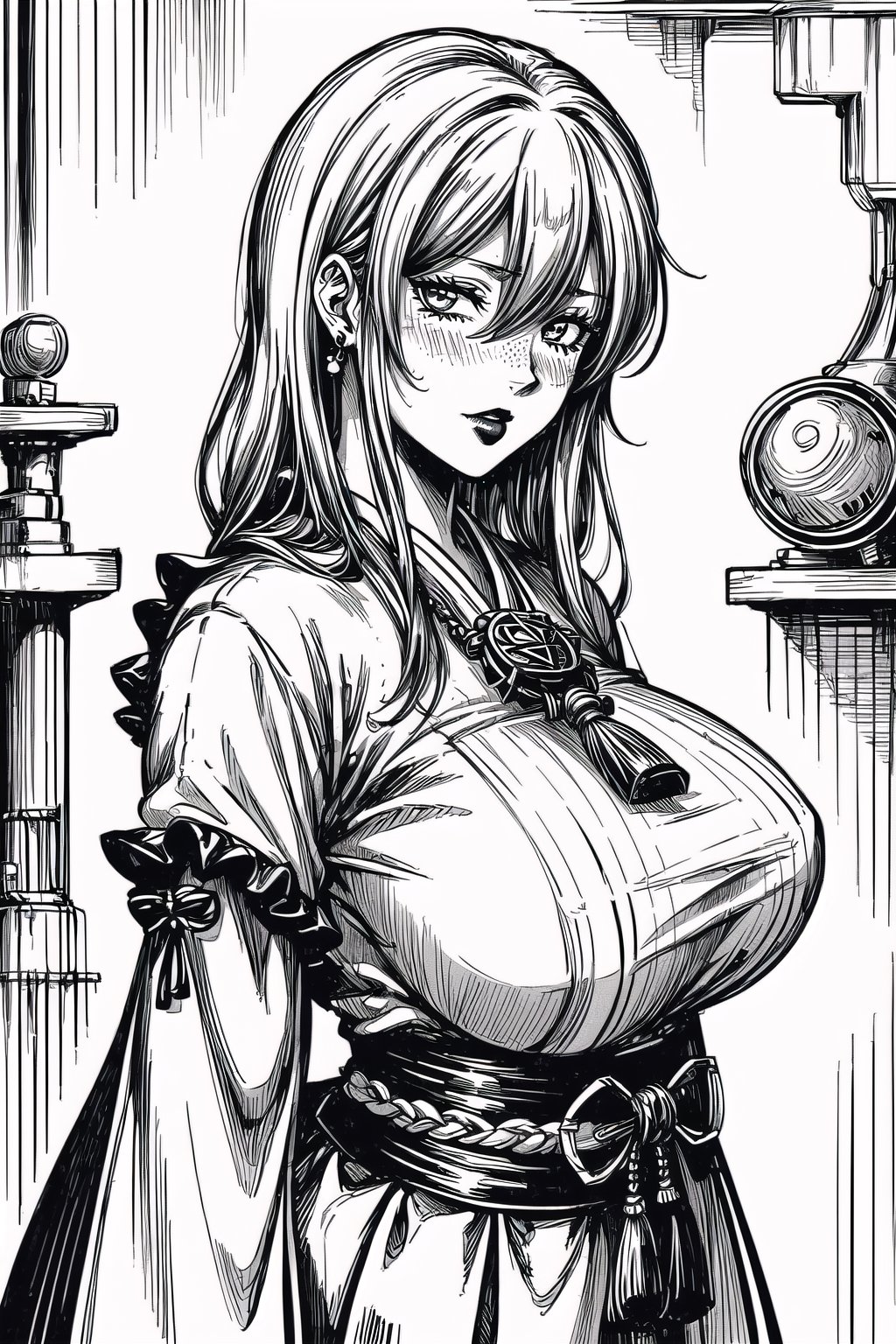 (Masterpiece), (highres), 8k, manga, digital illustration, 2d,  retro artstyle,  monochrome, partially colored,(ultra-detailed portrait of a woman,solo,  shaded face, green theme, aged up, sexy, huge breasts, confident, jewelry, colorful, frill trim, extremely detailed, detailed face, lipstick, straight hair, bangs,stylish, expressive, blush, looking to the side,  head tilt,  cowboy shot, fully clothed, (8k resolution),post00d,Hajime_Saitou,,quju,Oiran,sugar_rune,sweetscape