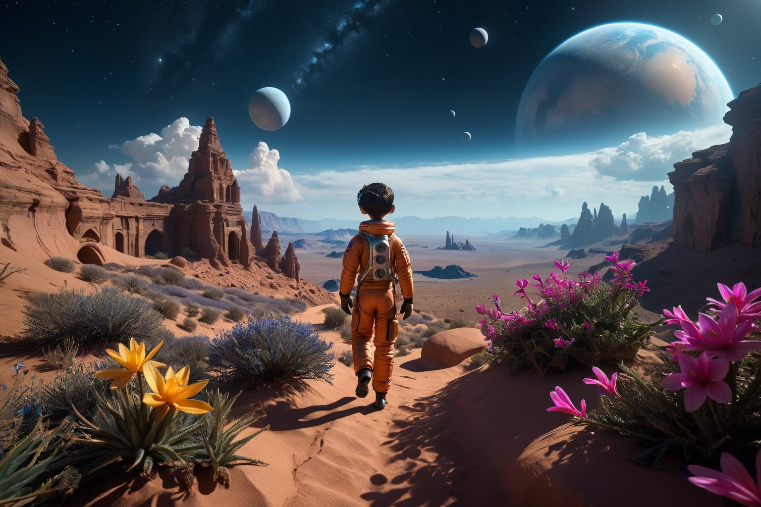 (Masterpiece), (hyper-realistic), (perfectly Detailed) image of the back of an astronout, 1boy, walking alone in an unknown and ancient landscape, full of bizzare yet fascinating flora and fauna. Even though hes alone but he still maintain his calm and keep walking forward. Artistic photography, absurdres, masterpiece 8K HDR quality image, full background, nature, beautiful, (depth of field), volumetric lighting, perfect composition,c0raline_style, vivid, high fantasy