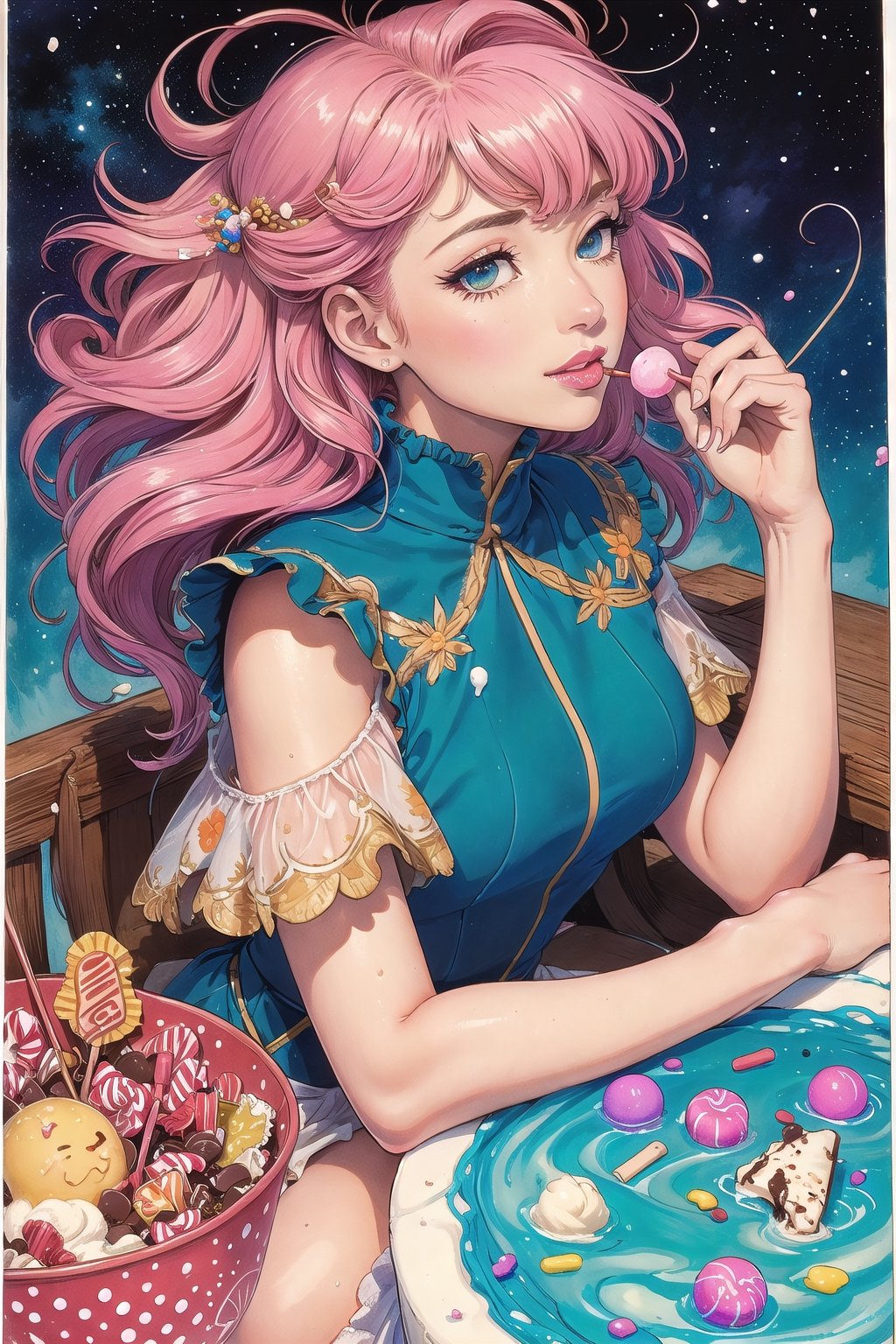 (Masterpiece, Best Quality), highres, Manga, (2d), (Traditional Media:1.2), official art 1woman, (solo), dynamic, portrait, retro artstyle, a cartoon character on a colorful background sitting on a delicious drizzling cake, art by ro_g_(oowack), wide shot, (mature female:1.2), fire emblem heroes, [outline], (upper body:1.2), Rajah hair, Patriarch eyes, (detailed deep eyes), tsurime, (lips, nose, long face:1.2), aged up, elegant, curvy, medium breasts, medium-length messy hair, (long sidelocks), fringe trim, expressive, Ayami Kojima, light smile, flirting, translucent skirt, appliques, candy trim, bubblegum, blush, surprised, treats, chocolate bar, high detail illustration, lineart, space art, pool of honey and syrup, [confetti], ice cream, candy_hair_ornament , wrapped candy, sweet, fluffy capelet, frills, cute fantasy, shiny, cinematic lighting:1.1, scenery, (glaze), bare shoulders, high heel boots, lace trim, contrast, extremely detailed, intricate, (Details:1.2), Clothing style,  Clothing print, (alternate costume:1.1), full body, (transparent background:1.2), floating particles, pop art, art deco