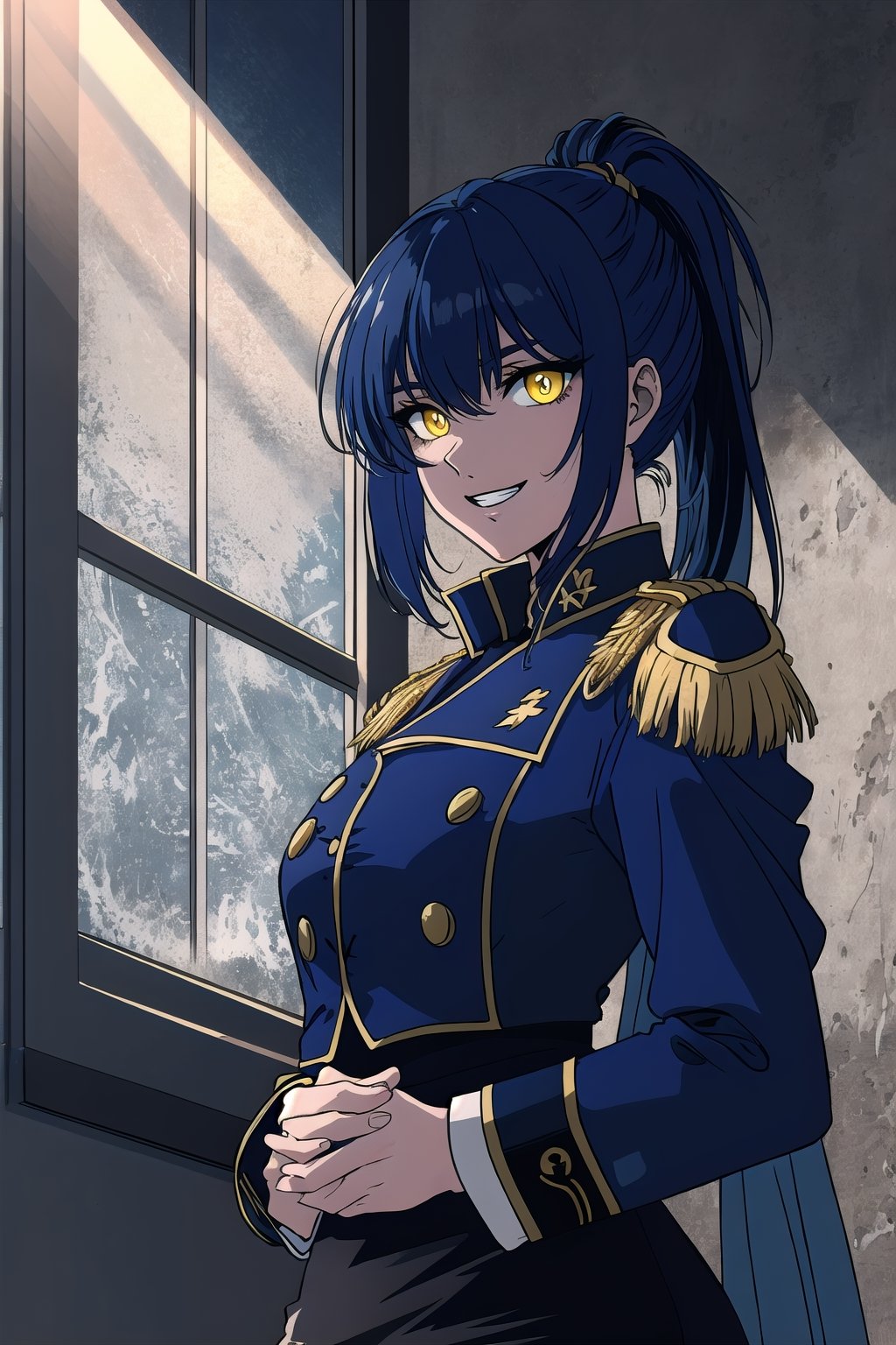 8k, top quality, digital illustration, shadow, dark, glowing eyes, detailed face, detailed eyes, dark blue hair, ponytail, yellow eyes, contrapposto, own hands together, arm support, shaded face, from below, looking at viewer, grin, thick lineart, intricate details, volumetric lighting, (tricorne:1.2), navy blue, pencil skirt, military uniform, graphite_(medium)