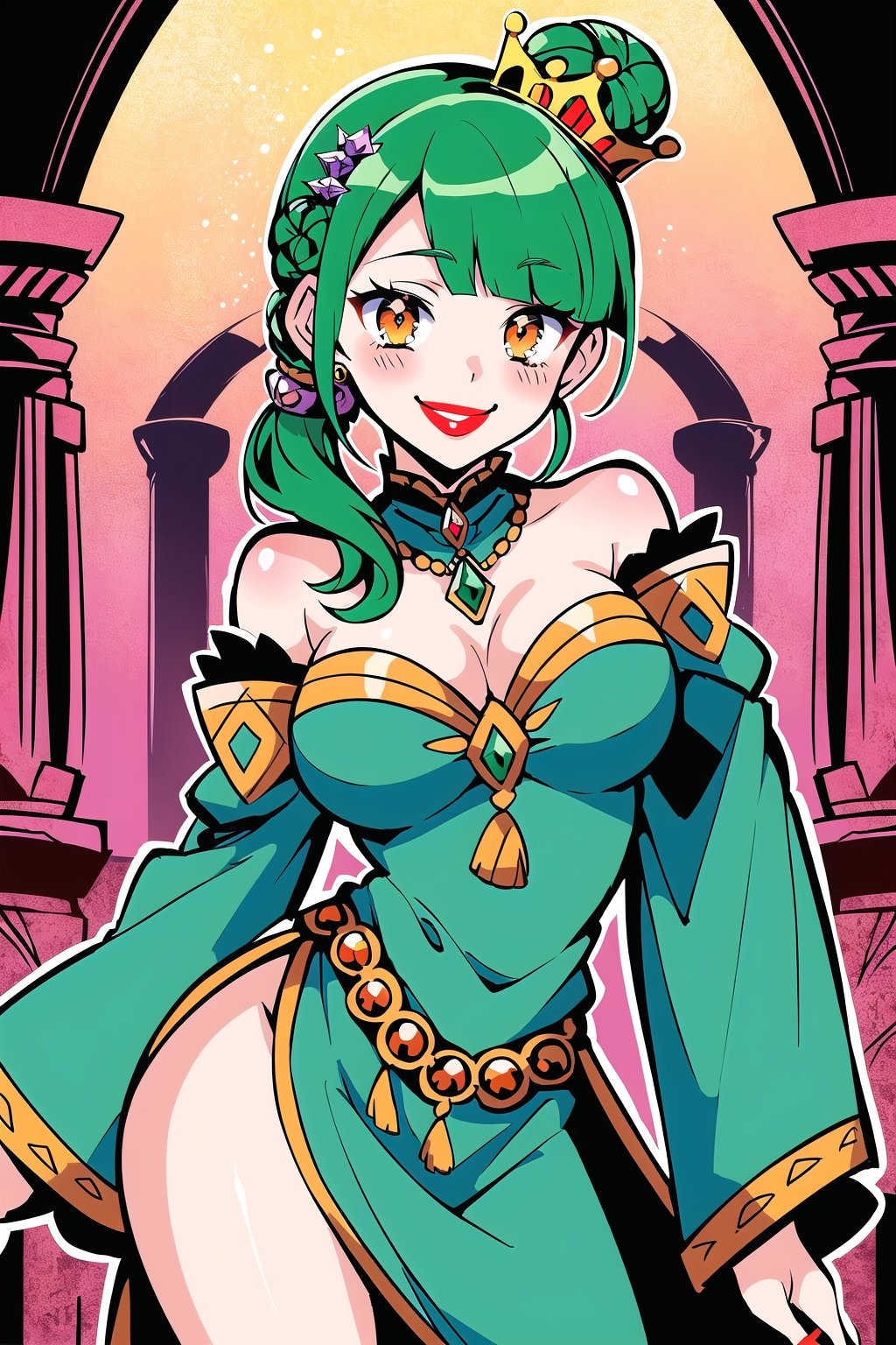 (Masterpiece),  (highres),  8k,  manga,  digital illustration,  2d,  retro artstyle,  (ultra-detailed portrait of yasuak1, 1girl, fantasy clothes, ancient ruins, diva, villain,  red lips, light smile,  hair ornament,  contrapposto, jewelry,colorful,  detached sleeves,  frill trim,  extremely detailed,  detailed face,  lipstick,  orange eyes, green hair, side ponytail, single side bun, smile,  stylish,  expressive, blush,  averting gaze,  intricate crown of despair,  head tilt,  cowboy shot,  fully clothed,  (8k resolution)