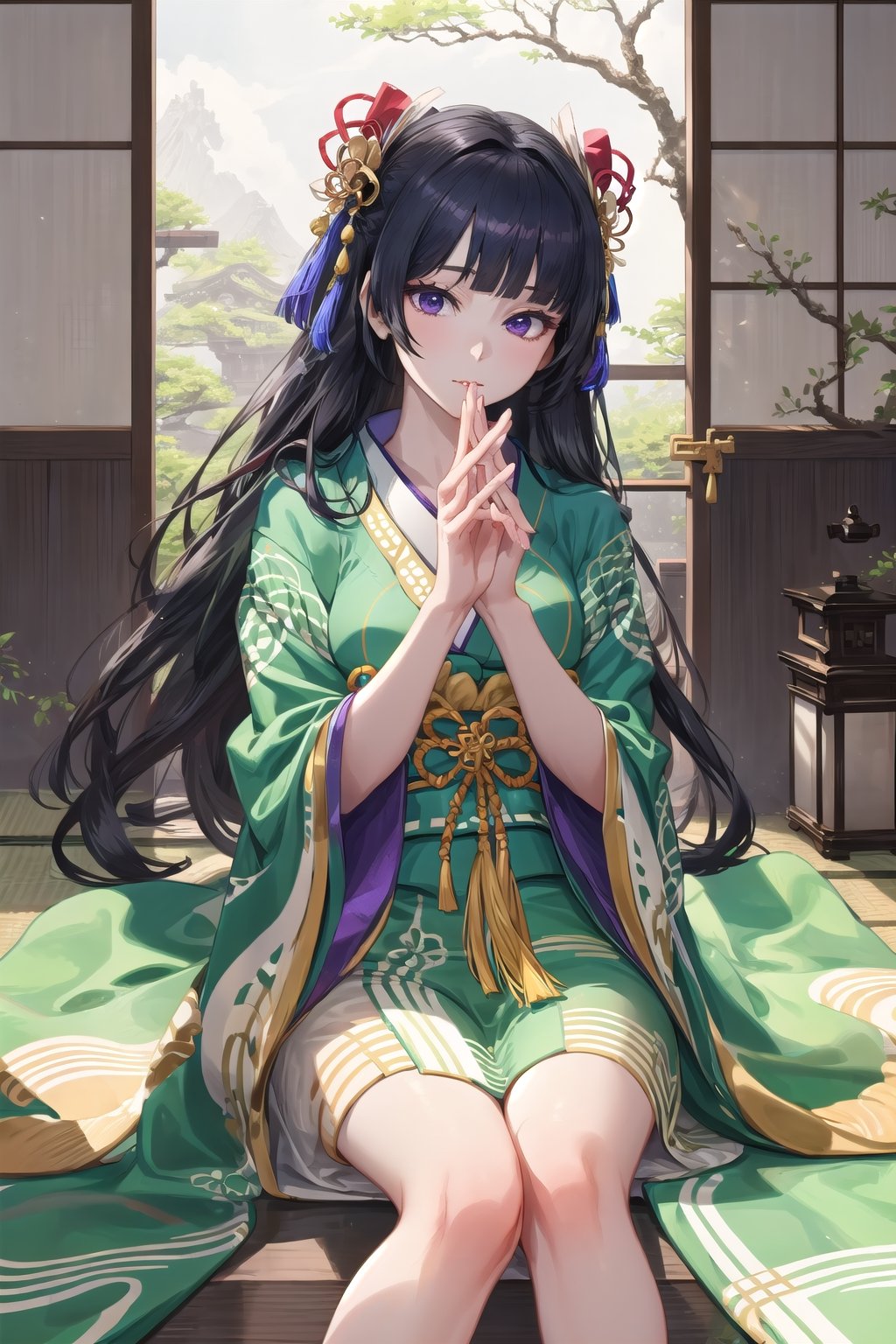 (Masterpiece), (highres), 8k, hyperdetailed, deep depth of field, motion blur, 0kazu, unique character concept, hyperrealistc, stunning artwork, finely crafted, human furniture, close-up, extremely detailed background. ancient Japan, Heian, hypnotizing purple eyes, mature female,(Karaginu Mo), very long hair, straight hair, perfect female figure, black hair, garden, hime cut, blunt bangs,  hair ornament, gorgeous, bloom, shadow, nature, overgrown,  fantasy, glowing, traditional, tatami, sitting,  feet out of frame,  serene, Japanese architecture, (indoors), scenery,1 girl, atmospheric