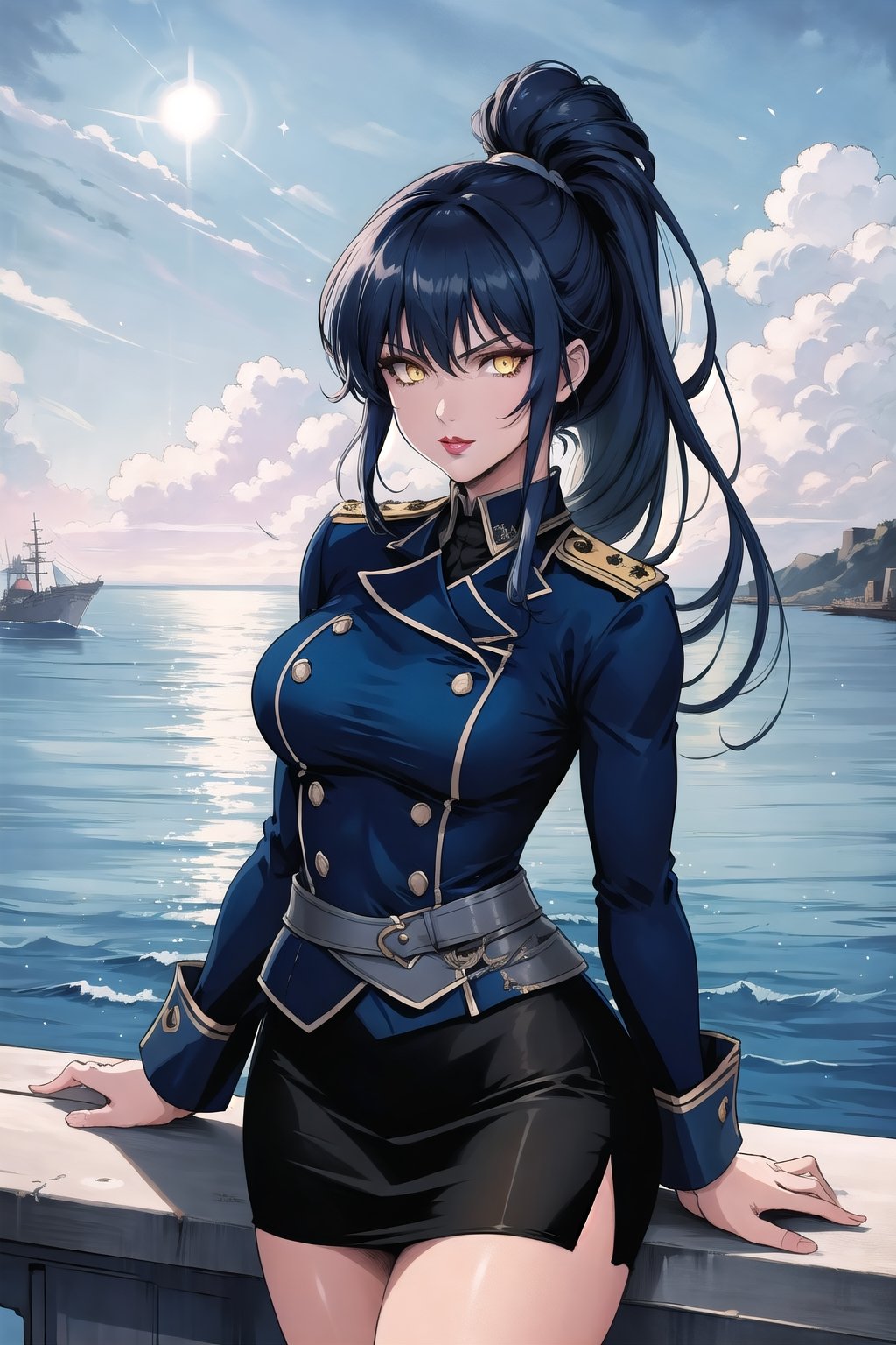 8k, top quality, digital illustration, shadow, dark, glowing eyes, detailed face, detailed eyes, dark blue hair, ponytail, yellow eyes, contrapposto, own hands together, arm support, shaded face, from above, backlighting, outline, volumetric lighting, looking at viewer, serious, closed mouth, lipstick, thick lineart, intricate details, shadow, (tricorne:1.2), navy blue, pencil skirt, military uniform, graphite_(medium), (highly detailed), ocean, battleship, mechanical parts