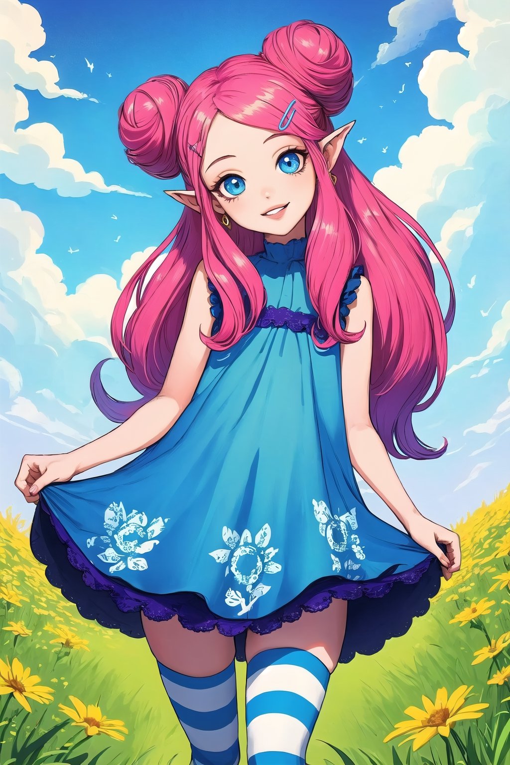(masterpiece, best quality), digital illustration, volumetric lighting, 2d, bloom, thick lineart, pointy ears, striped, stockings, light smile, hair ornament, swirl print, 8k,outdoors, hair clip, colorful, turning, head tilt, doughnut hair bun, very long hair, parted lips, jewelry, flower, dynamic, sky, day, cloud,  blue sky, 1girl, dress, gradient dress, unique character design, cloud, depth of field, grass, sweetscape,full background, more detail XL,madgod,stop motion, peaceful, serene, shiny, sugar_rune,sugar_rune