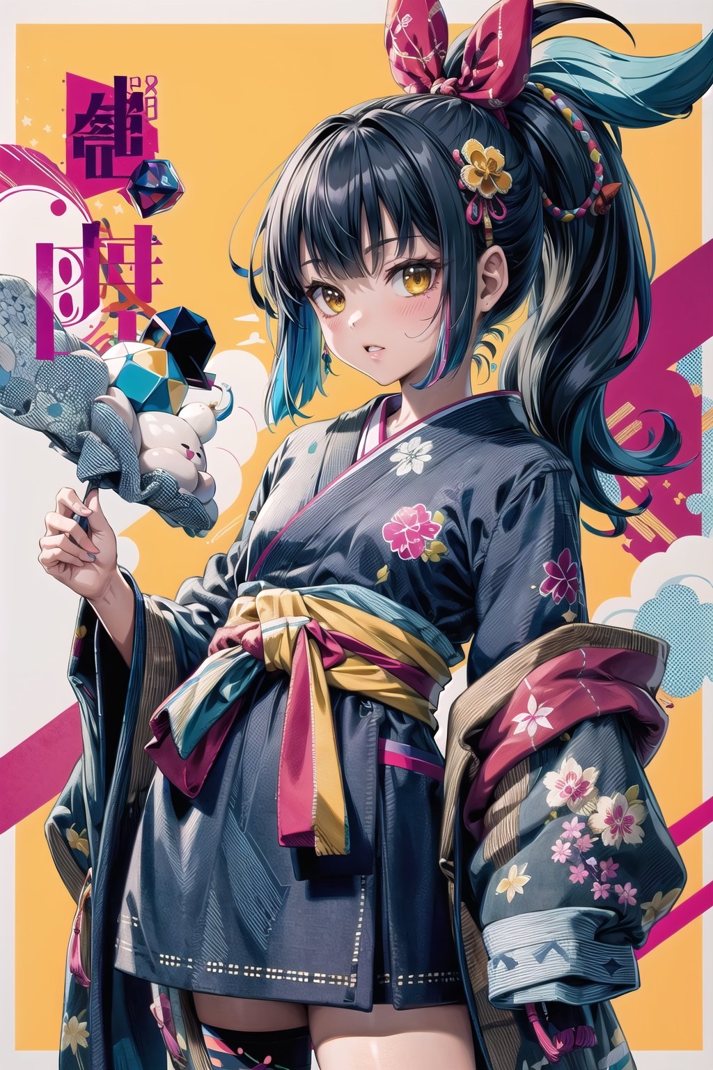 (masterpiece, best quality:1.3), 8k resolution, digital illustration, cover page, gradient, faux traditional media, thick lineart, hirom1tsu, color coordination, bold lineart, 2d, striped print, geometric print, cube, long hair, ponytail, transparent,bandana,hakama,  fighting stance, turning,hair ornament, cowboy shot, shirt,vivid, colorful, haori, (fully clothed:1.3),coat ,eugene_volkan