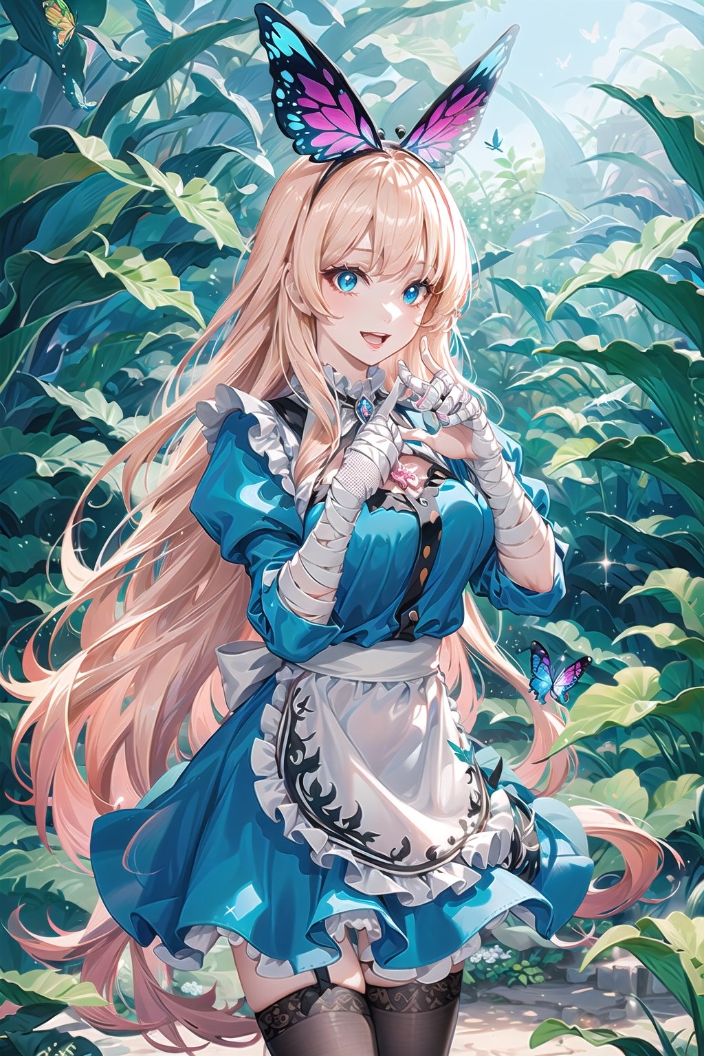 (Masterpiece), (highres), 8k, hyperdetailed, deep depth of field, motion blur, 0kazu, unique character concept, hyperrealistc, stunning artwork, finely crafted, alice in wonderland, diamond print thighhighs, diamond_(shape), sparkle, dreamy, cowboy shot, extremely detailed background. hypnotizing pink eyes, blonde hair, very long hair, butterfly hairband, blue dress. apron, bloomers, waist bow, finger bandages, fingernails, beautiful hands, heart pose, happy, smile, open mouth, retro artstyle, perfect female figure, garden, psychadelic, hair ornament, gorgeous, bloom, nature, shadow, nature, overgrown,  fantasy, outdoors, sunlight, day, scenery,1 girl, atmospheric