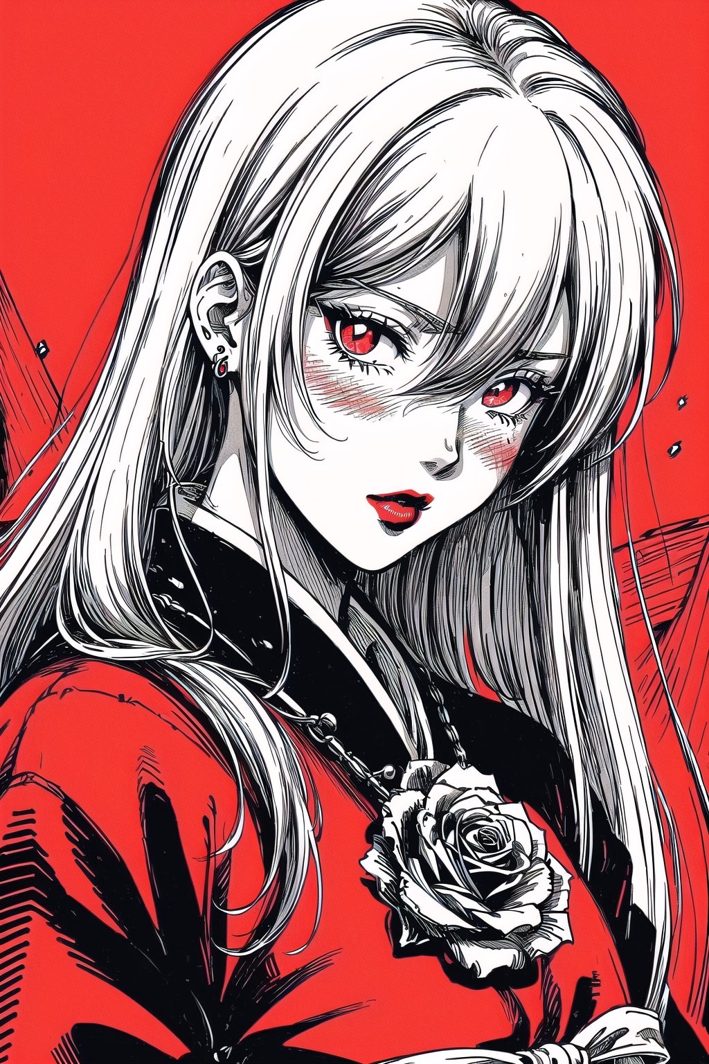 (Masterpiece), (highres), 8k, manga, digital illustration, 2d,  retro artstyle,  monochrome, partially colored,(ultra-detailed portrait of a woman,solo,  shaded face, red rose, red theme, confident, jewelry, colorful, frill trim, extremely detailed, detailed face, lipstick, straight hair, bangs,stylish, expressive, blush, looking to the side,  head tilt,  cowboy shot, fully clothed, (8k resolution),post00d,Hajime_Saitou,,quju,Oiran,sugar_rune,sweetscape