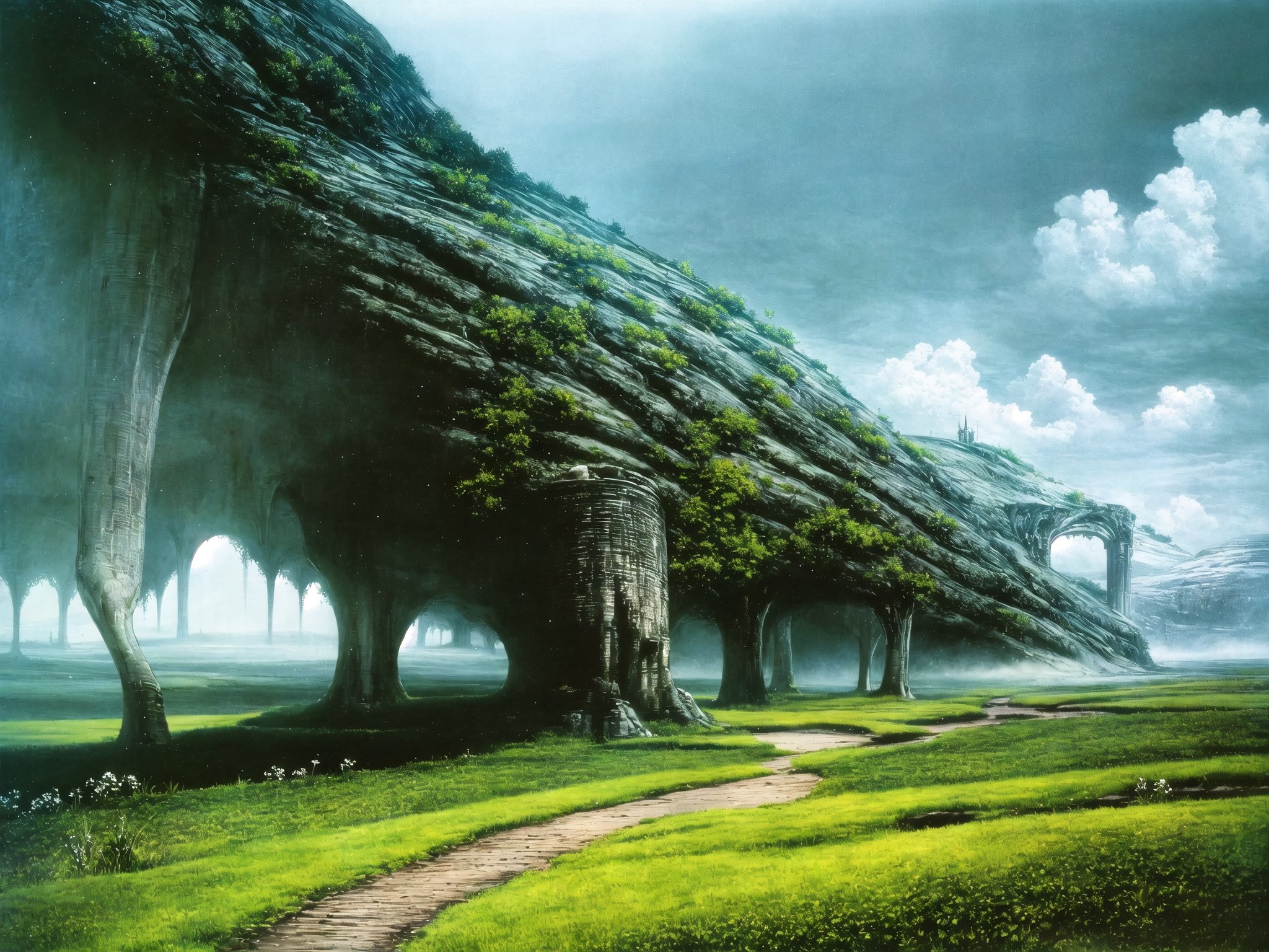 (Masterpiece, Best Quality:1.3), absurdres, 8k, (faux traditional Media:1.2), panoramic view, sky, grass, world tree, fantastic, epic, adventure, retro arstyle, 1980s (style), science fiction, dark_crystal, foreboding, moody lighting, volumetric, finely detailed illustration, (top quality, 8k resolution), fantasy rpg, landscape, scenery, (high fantasy:1.1), perfect composition and lighting, surreal