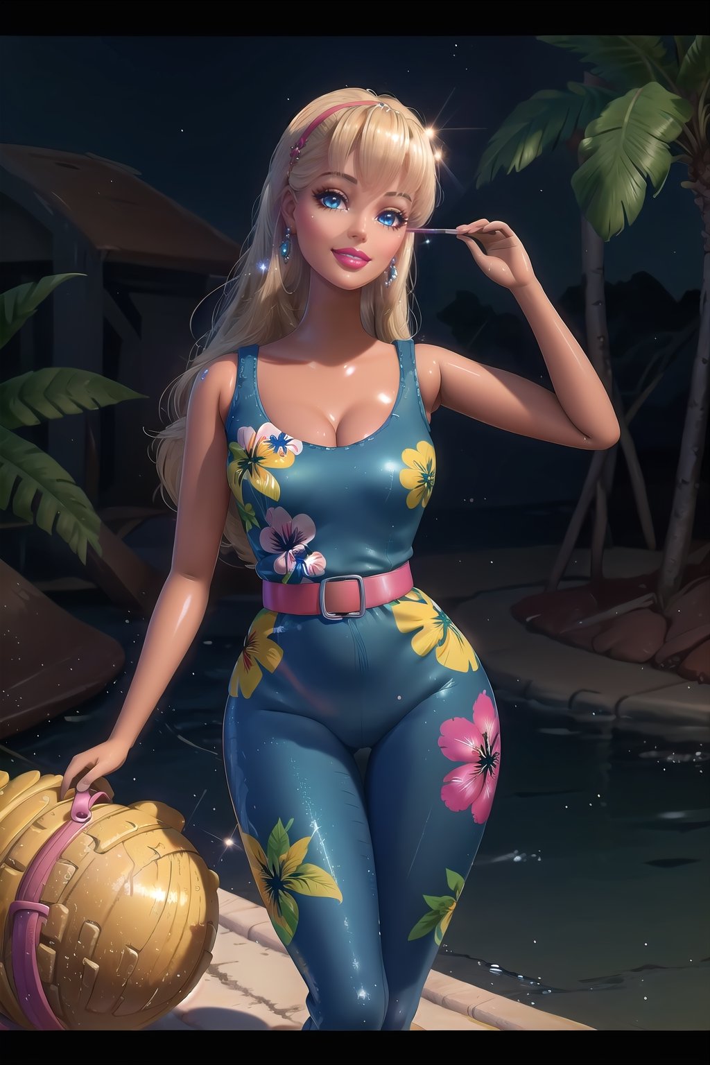 , (masterpiece, best quality), highres, (8k, RAW photo, highest quality), hyperrealistic, 3d, centered, (TS_Barbie), mid shot, (full body:1.2), a cartoon girl in a blue jumpsuit and pink belt in the style of pixar, (perfect lighting and composition:1),soft lighting, (high detail, 8K resolution:1), hdr:0.7, detailed face, perfect, (dynamic), pose, (high quality:1.2), plastic skin, ((shiny:1.3)), hourglass figure,  smile, (depth of field:0.8), 50mm, film grain:0.7, fujifilmXT3, focus face, (sad:1.2), looking at viewer, detailed eyes, detailed face, floating particles, analog style, beautiful, light makeup, lipstick, (thick waist and thighs:0.6), summer vacation, tropical, palm tree, sandy beach, amazing composition, lively, Robocap