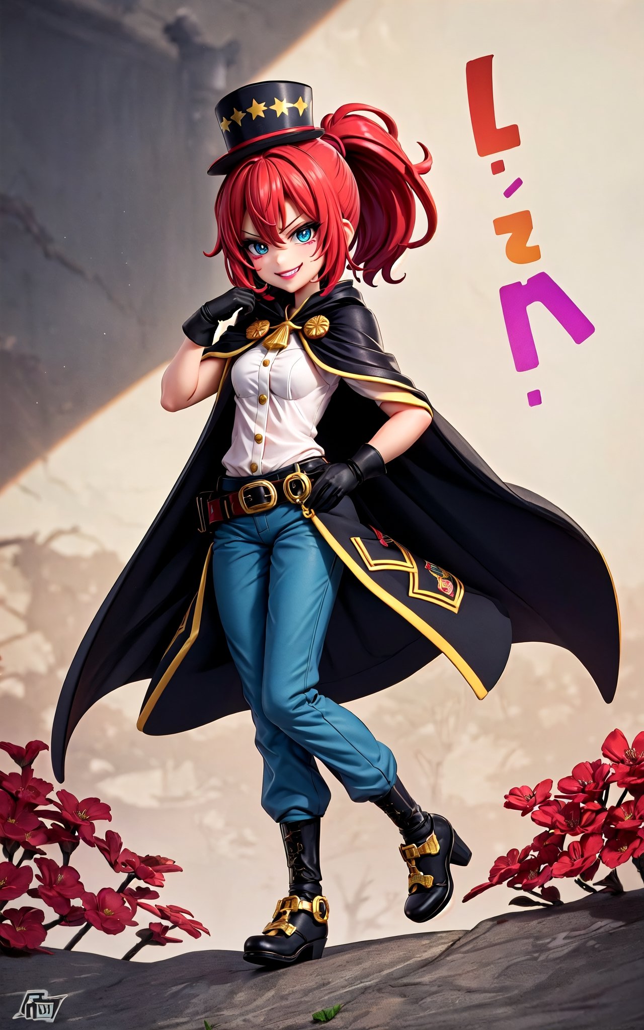 (masterpiece, best quallity:1.3), 8k, top quality, digitial illustration, gradients, dynamic pose, a colorful cartoon character, mature female, adult, villain, evil smile, glaring, laughing, dialated pupils, red hair, blue eyes, detailed eyes, finely detailed face, beautiful, expressive, cowboy shot,feet out of frame,intricate details, extremely detailed,  lipstick, makeup, aged up,(fantasy:1.3), bokeh, (hdr:1.4), high contrast, (sticker), see-through cape, gradient cape, hand up, hand on own hip, contrapposto, confident, head tilt, military uniform, military hat, gloves, puffy pants, heels, hair between eyes, sky, colorful, shiny, wind lift, long hair, (low ponytail:1.3), tomboy, cool, serious, smirk, focused, (pants_tucked_in), frilled shirt, hair ribbon, jewelry, sassy princess, buttons, high-waist belt, cinematic, (vivid colors), vibrant, bloom, deep depth of field, rha30,(best quality,EpicLogo,mesugaki