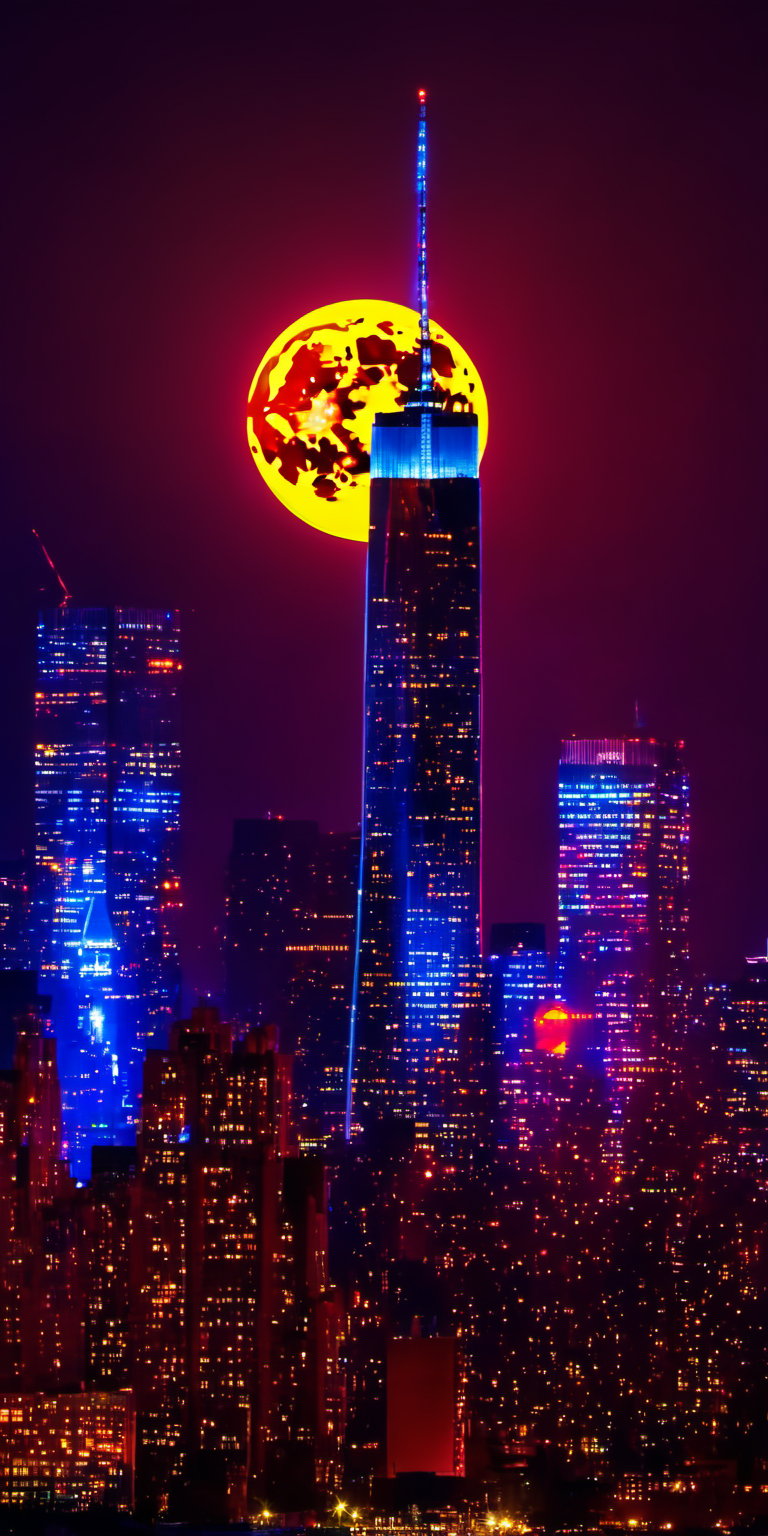 neon light on moon, The twin towers in New York