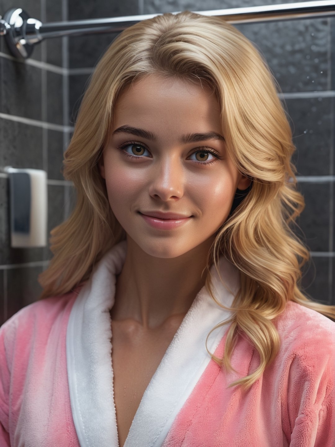 photo r3al, sfw, portrait, masterpiece, best quality, 8k, ultra realistic, ultra detailed, extra sharp, 18 years old, sexy blonde girl, hot, natural skin, bedroom, smirking, detailed face and eyes, natural lighting, in the shower, natural beauty, natural face, black hair, sfw, small breasts, sexy pink bathrobe, (((closeup, closed mouth))), tanned skin, juicy, detailed eyes, realistic eyes, smirking, long hair